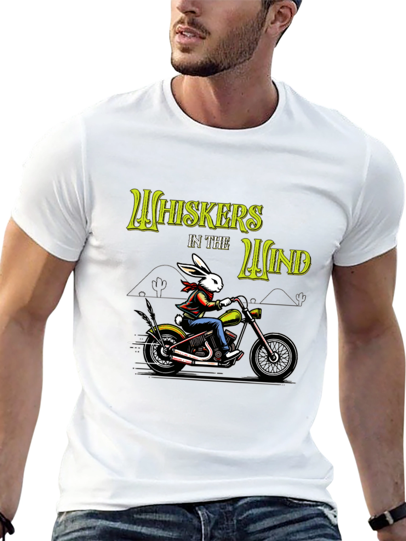 Whiskers in the Wind T-Shirt - Rabbit Biker Design