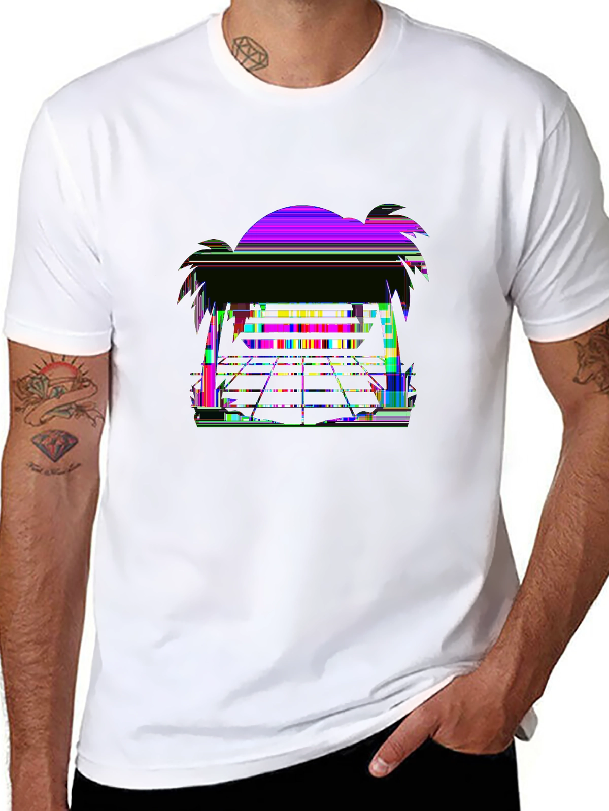 Retro 80s Sunset Glitch Art T-Shirt | Synthwave Neon Design