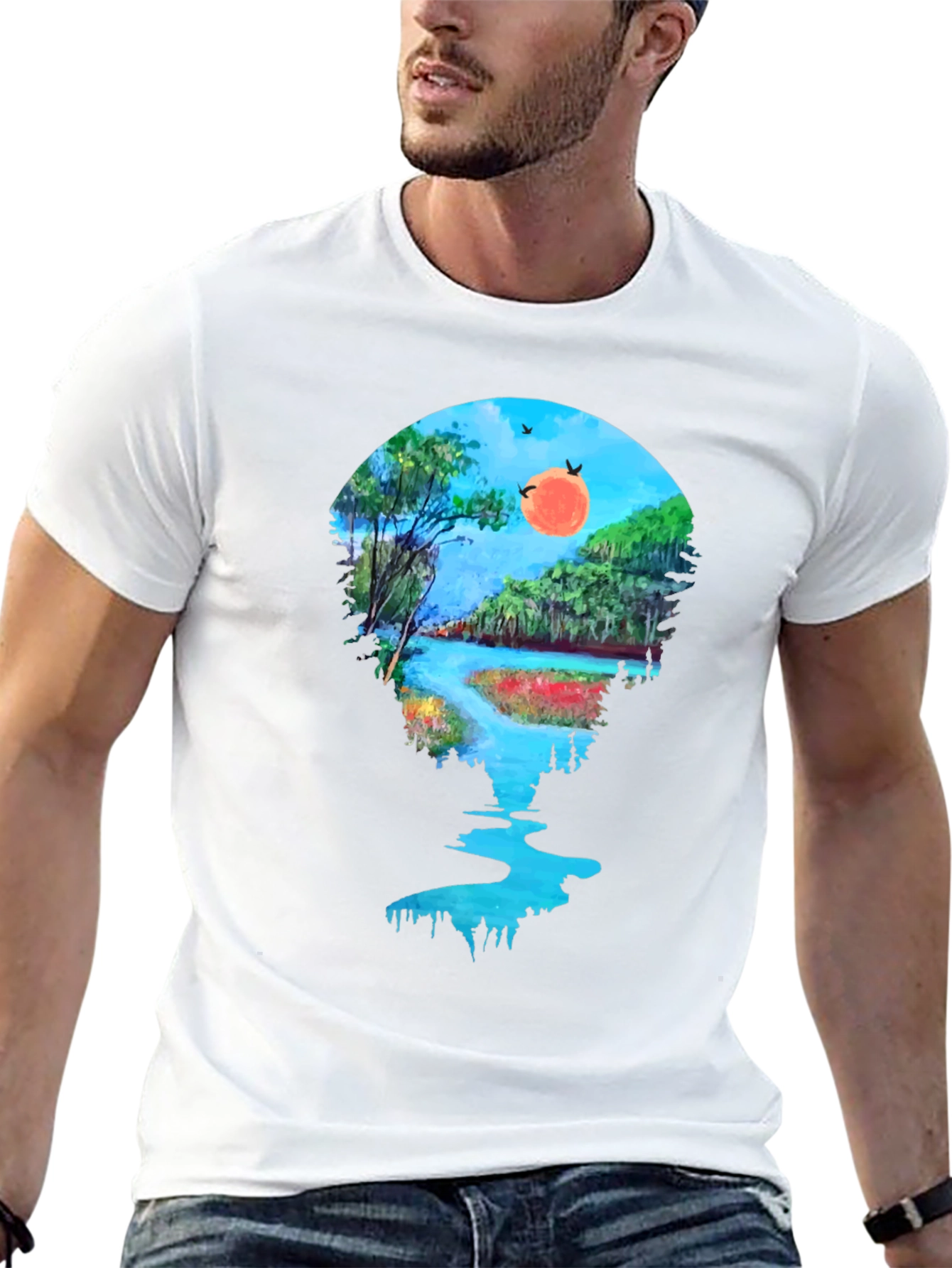 Scenic River View Graphic Tee - Black