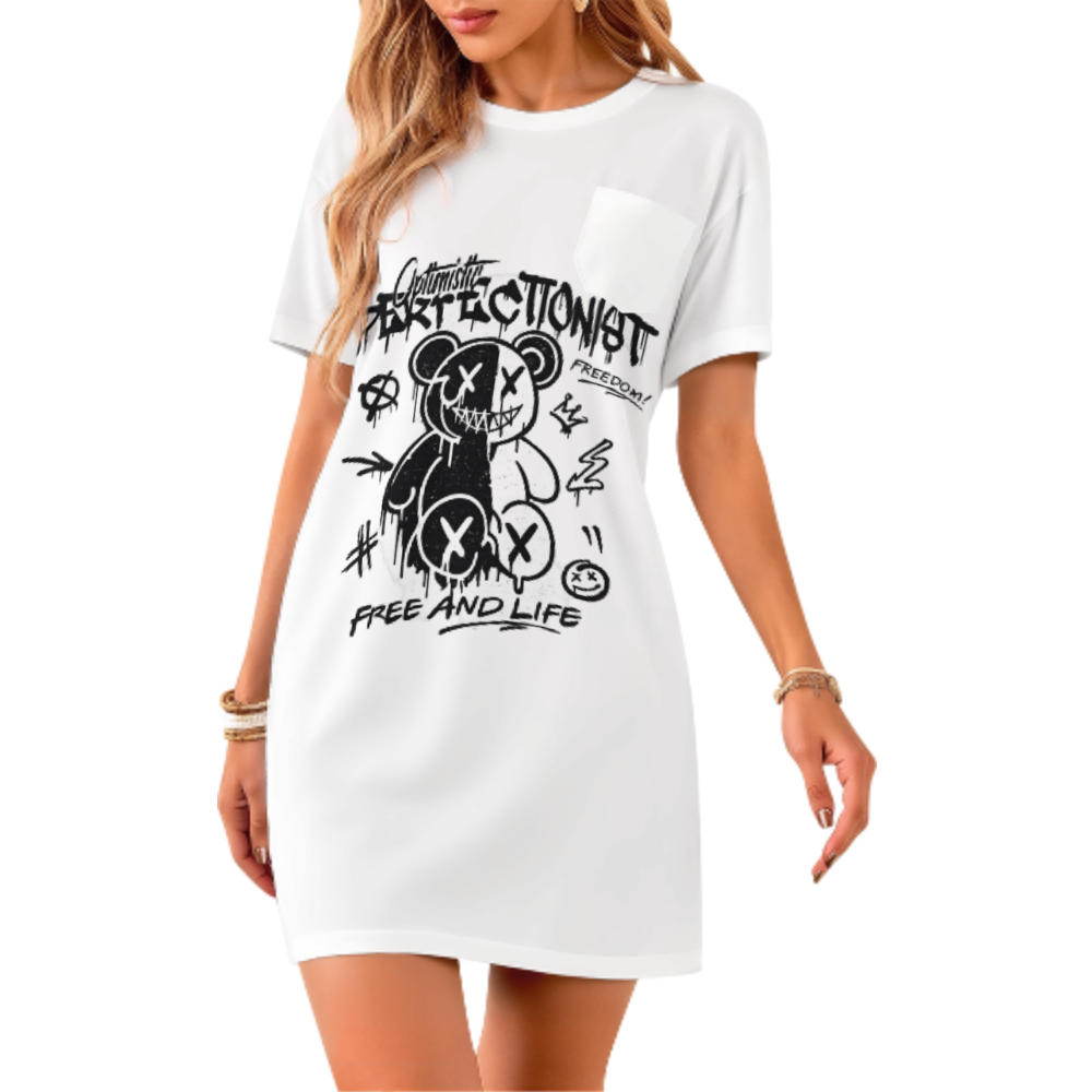 Graffiti Bear Graphic Tee Dress, Streetwear Oversized Shirt Dress, Urban Cartoon Aesthetic Mini Dress, Edgy Casual Graphic Outfit for Women(z520)