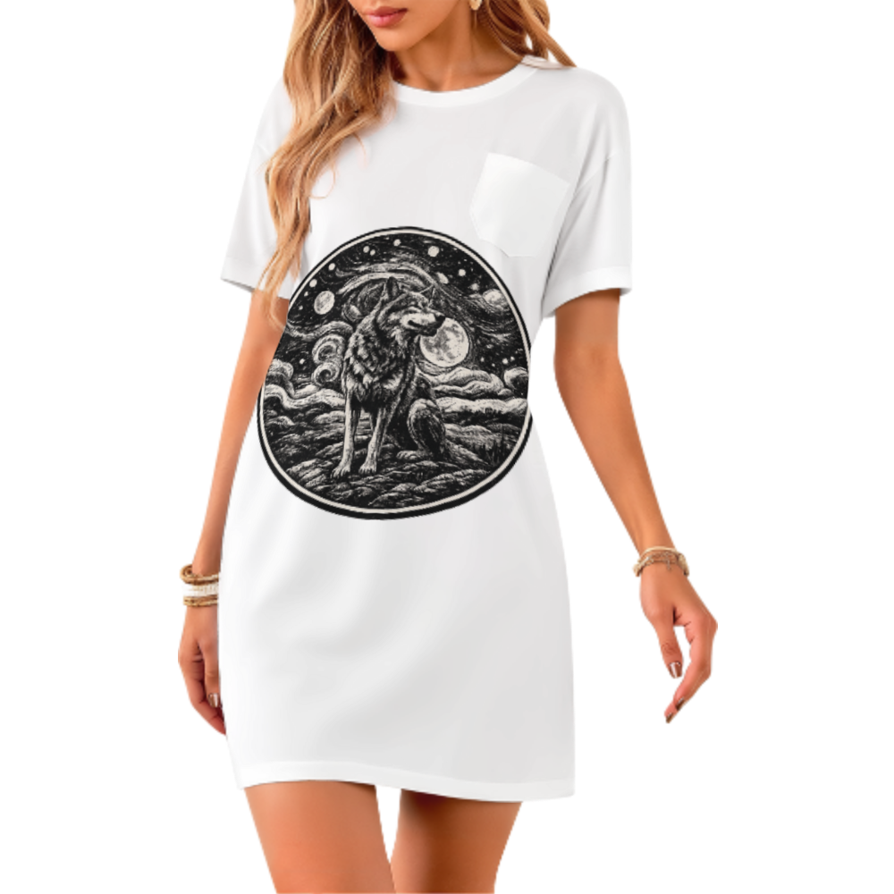 Mystic Moon Wolf Graphic T-Shirt Dress, Celestial Night Wolf Art Tee, Vintage Boho Oversized Shirt Dress, Cosmic Animal Illustration Casual Outfit(z513)