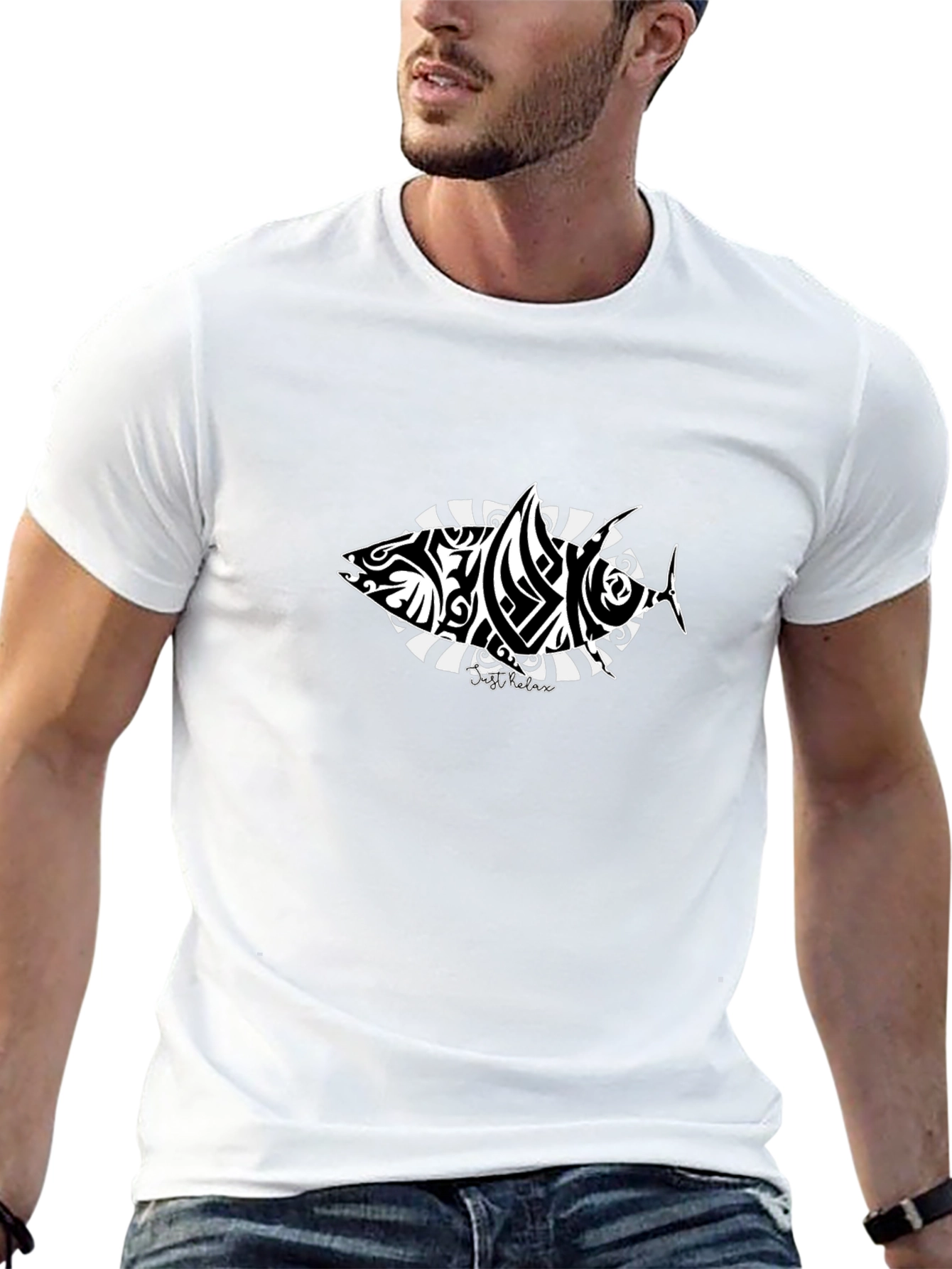 Tribal Fish Graphic T-Shirt - Black