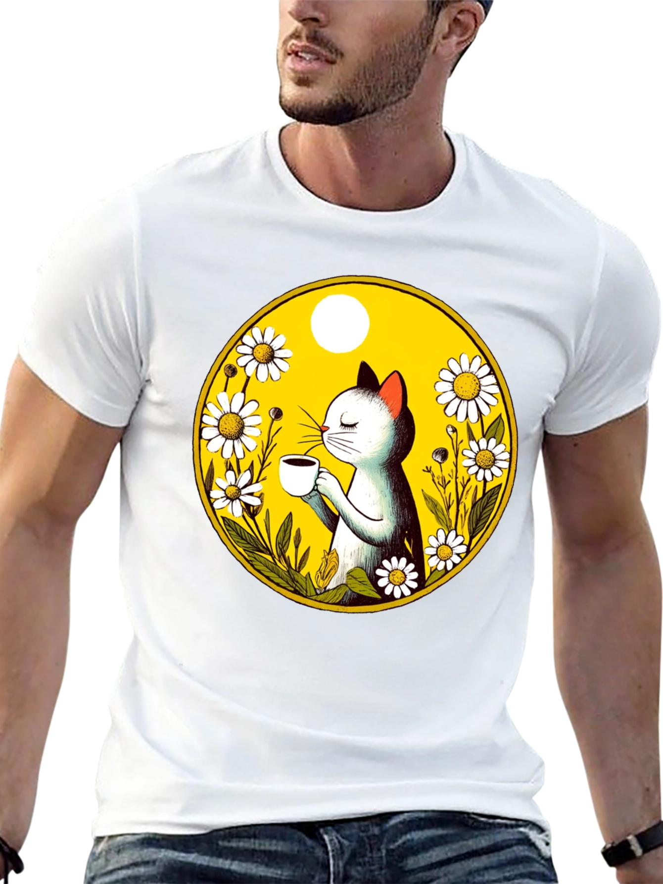 Cat & Coffee T-Shirt - Floral Graphic Tee