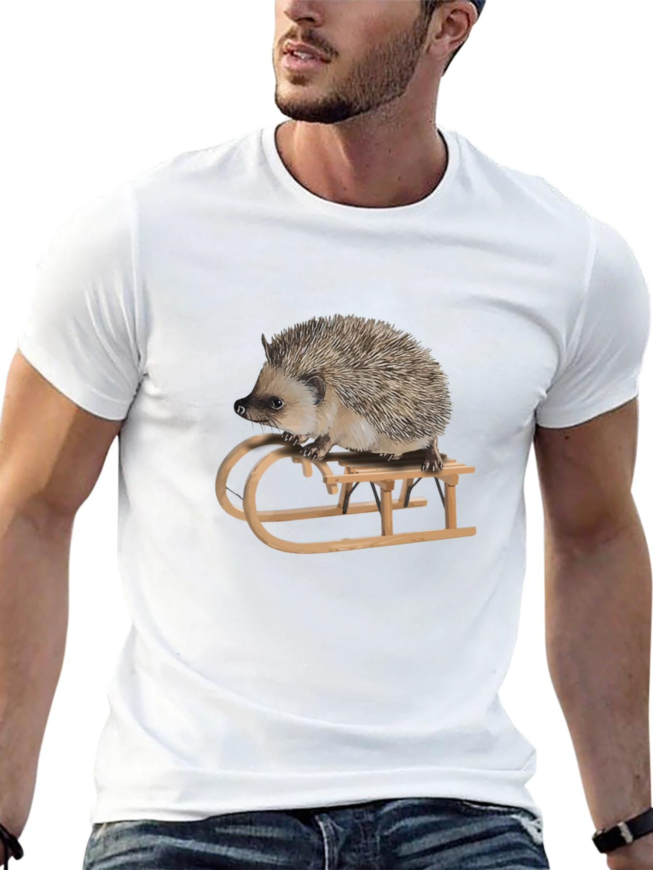 Hedgehog on Sled Graphic Tee - Unique Animal T-Shirt