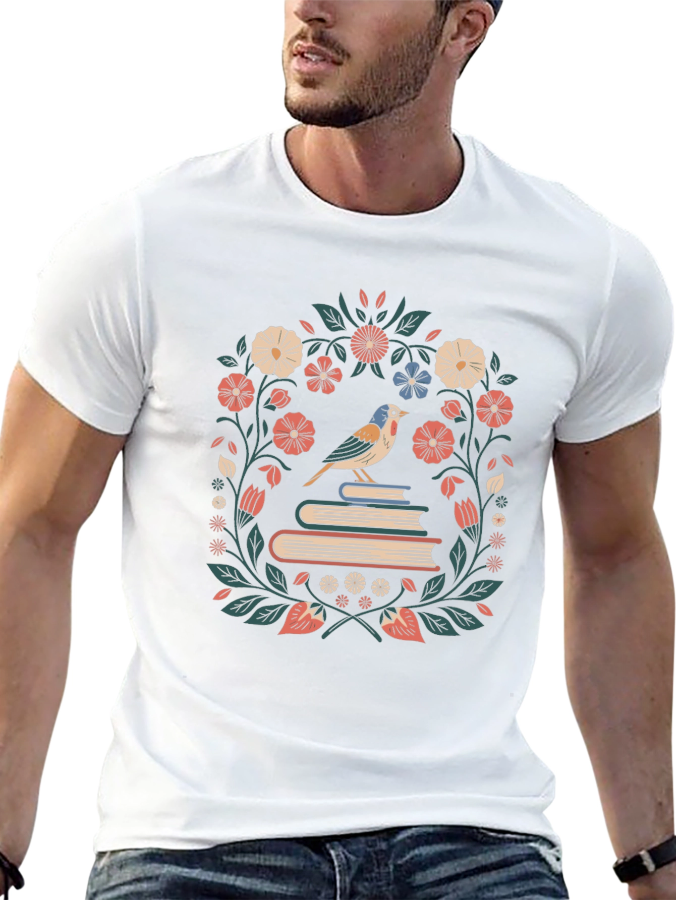 Floral Bird on Books Graphic T-Shirt