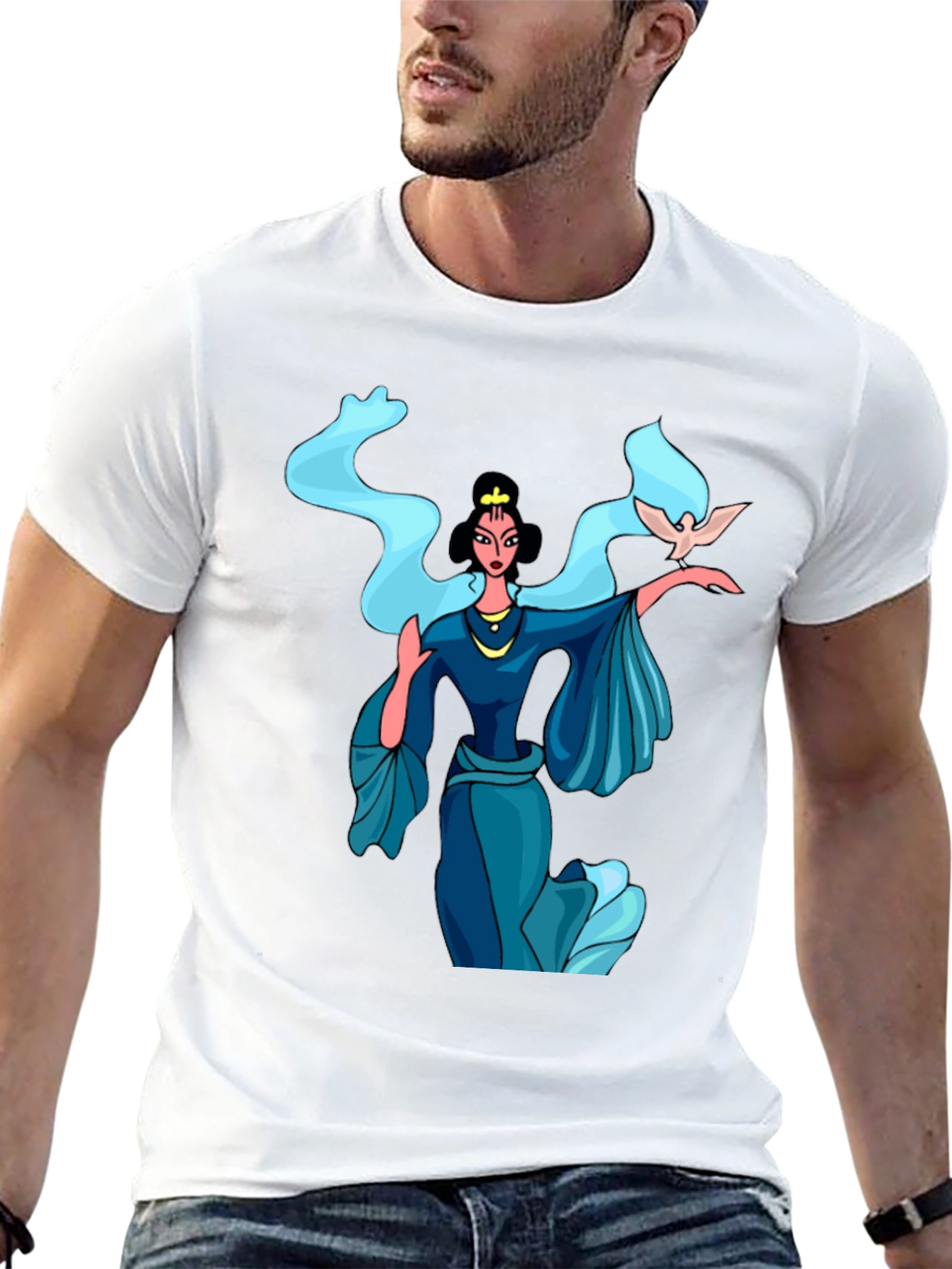 Elegant Woman with Dove Graphic Tee - Black