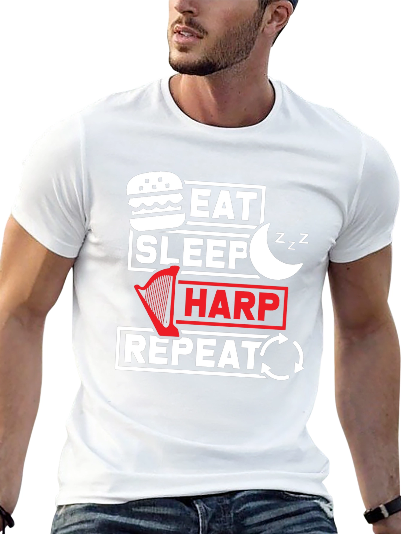 Eat Sleep Harp Repeat Black Graphic Tee