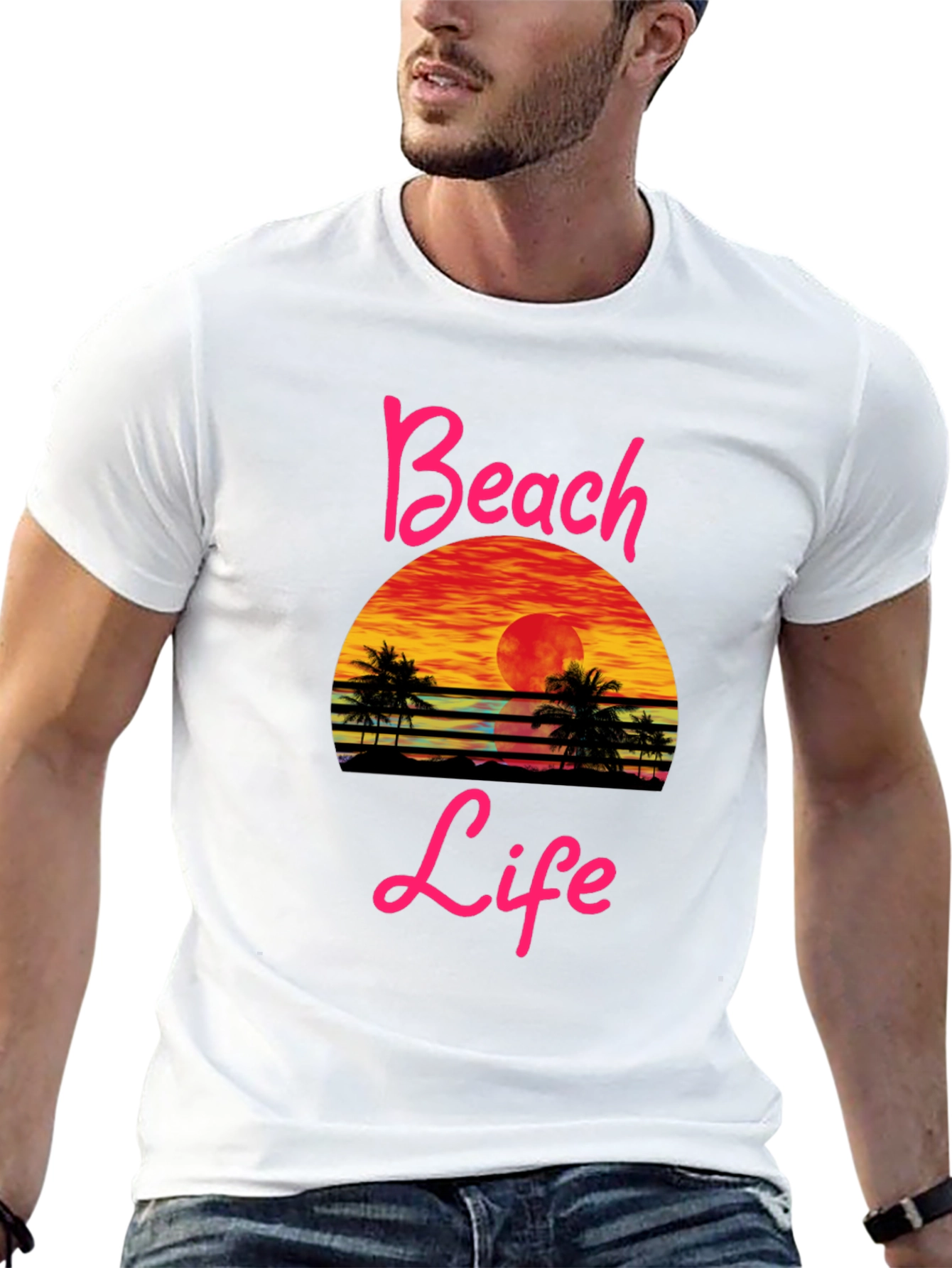 Beach Life Sunset Graphic Tee - Black Cotton T-Shirt