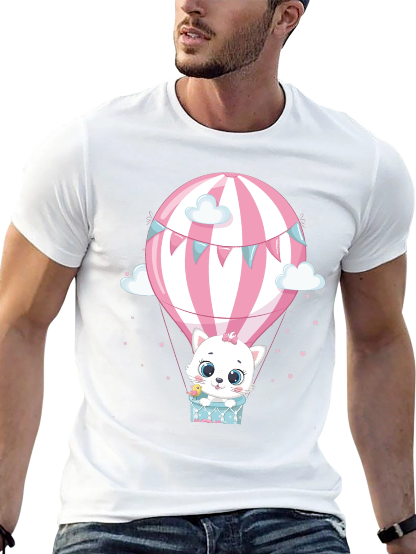Cute Cat Hot Air Balloon Graphic Tee - Black