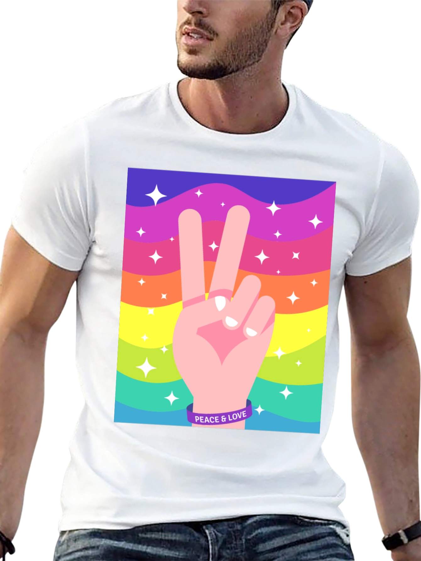 Peace and Love Graphic Tee - Retro Rainbow Design