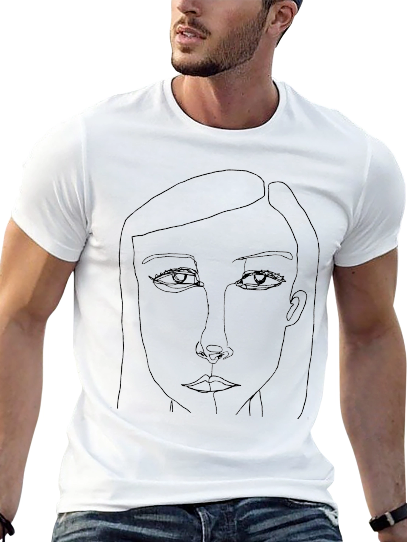 Minimalist Line Art Face Graphic Black T-Shirt