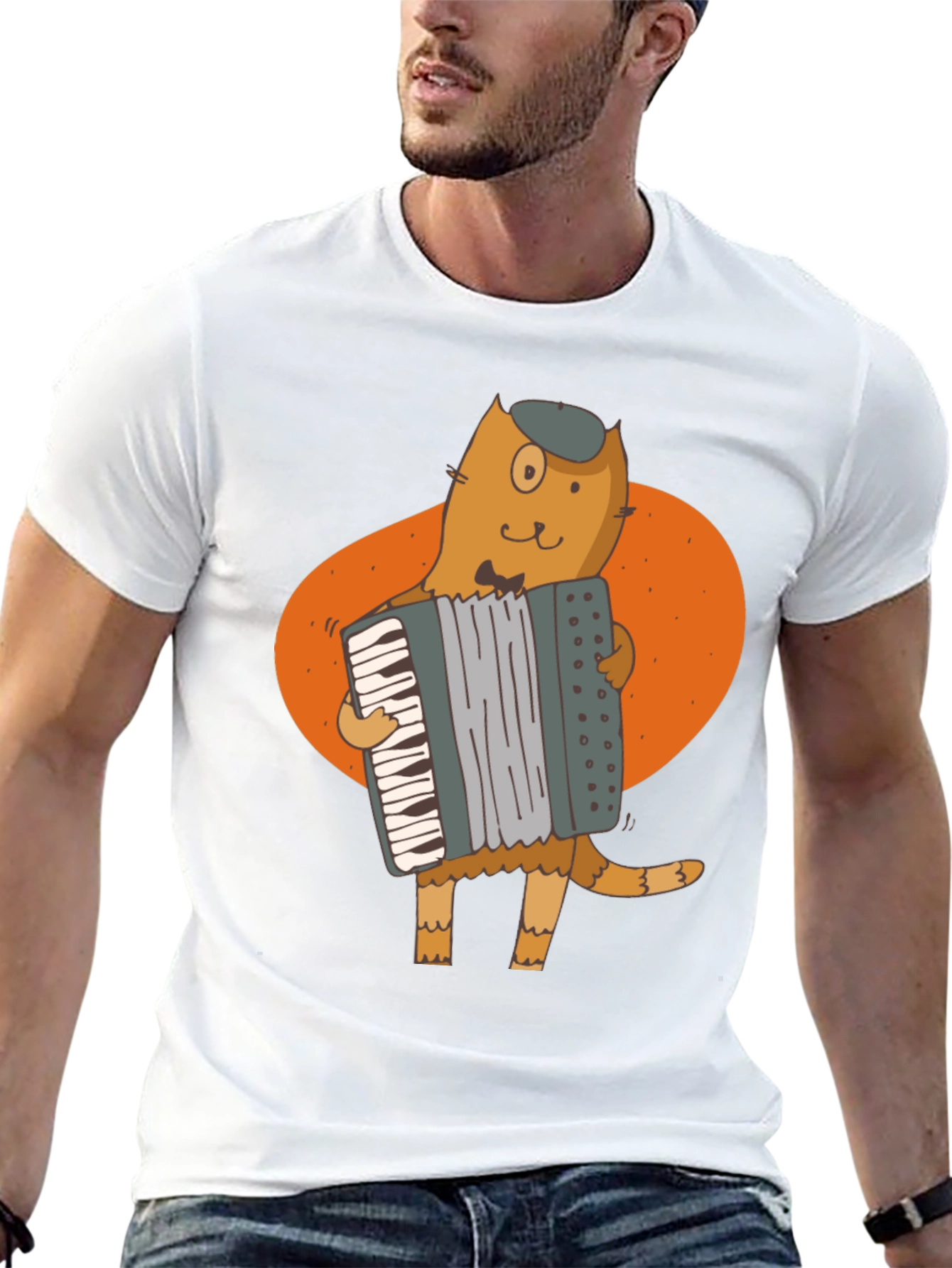 Cat Accordion Player Black T-Shirt