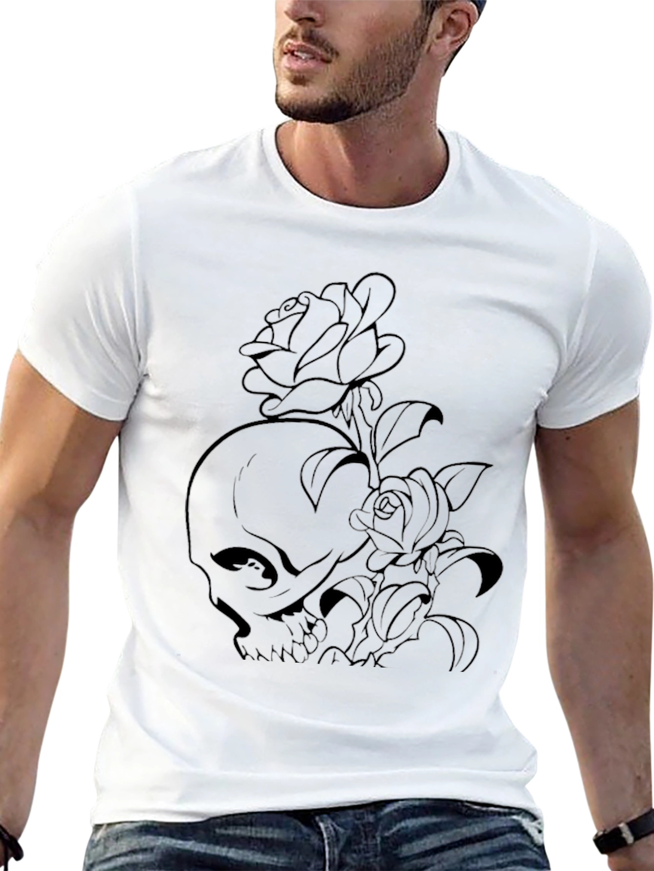 Skull and Roses Graphic Print Black T-Shirt