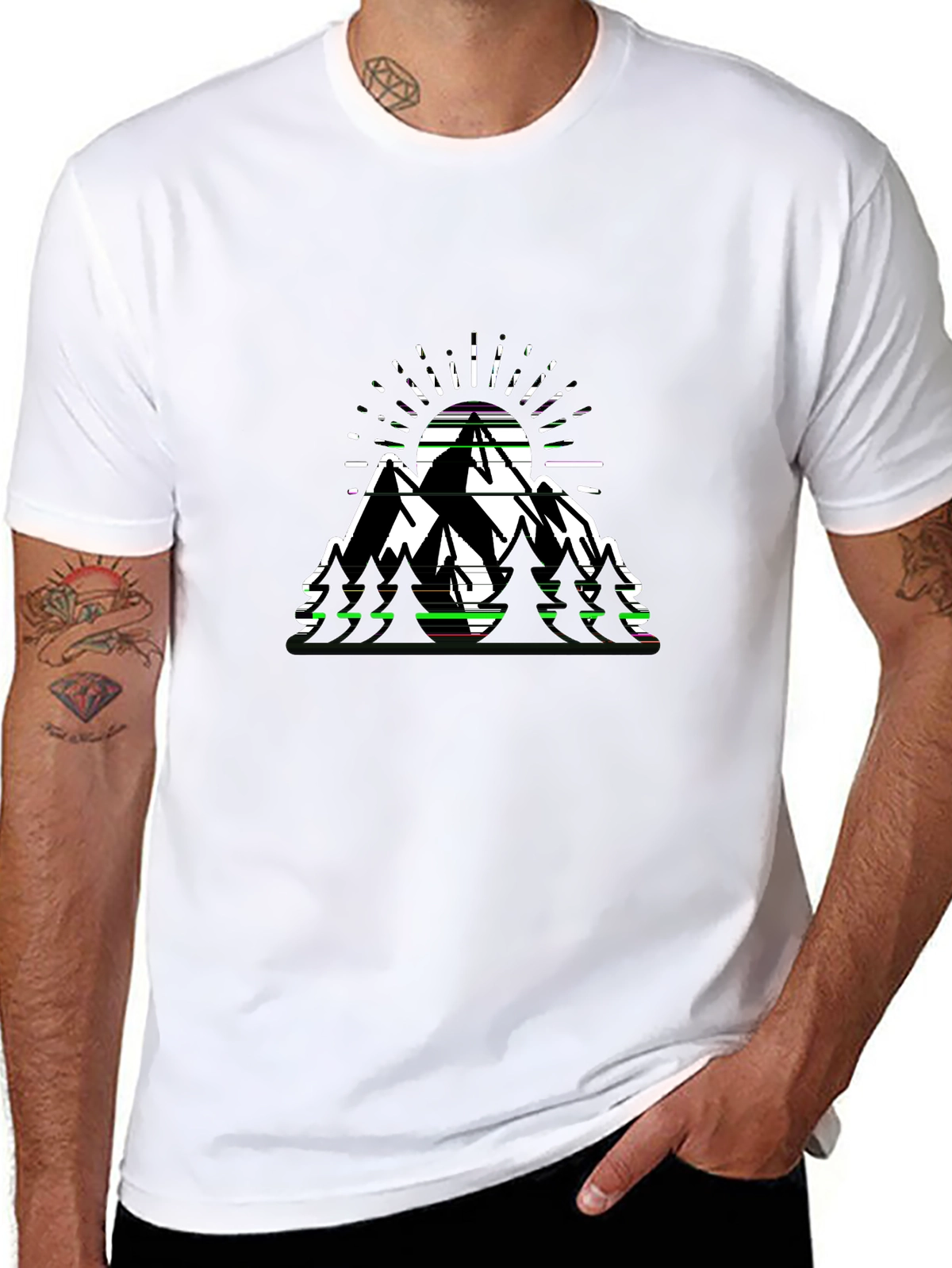 Mountains Glitch Art Tee | Retro Outdoor Adventure Graphic T-Shirt