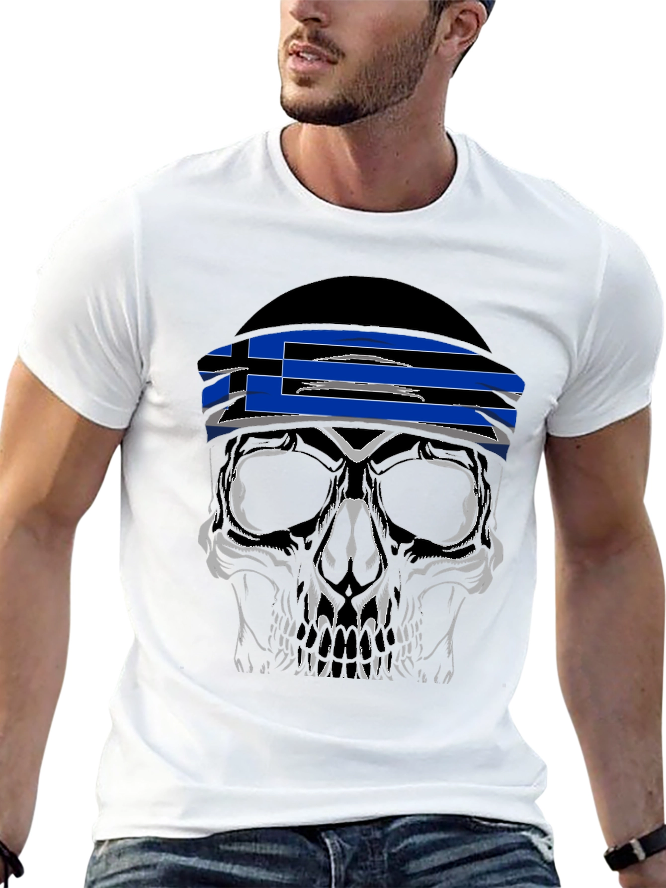 Skull Tee with Greek Flag Bandana