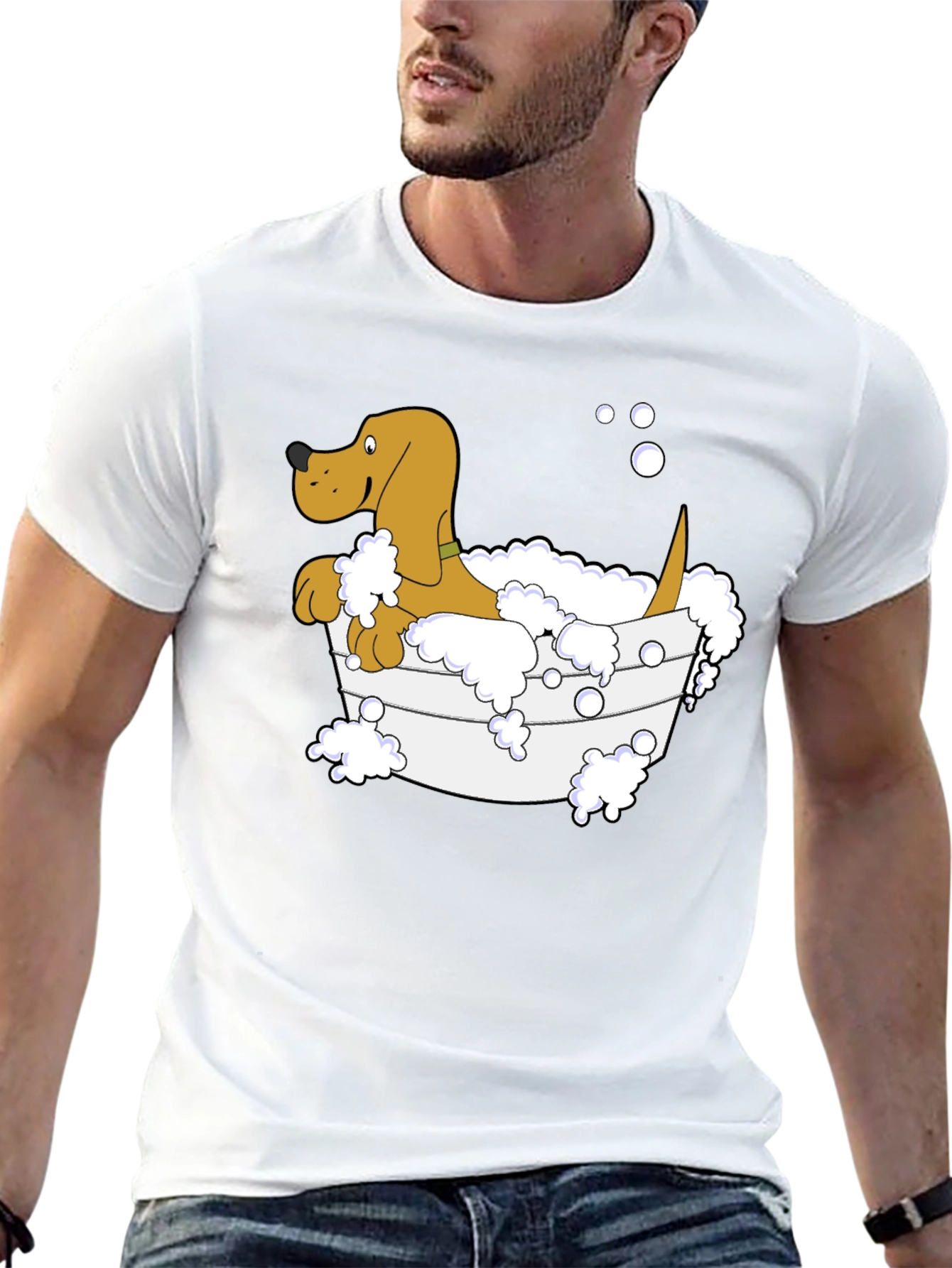 Cartoon Dog in Tub Black T-Shirt