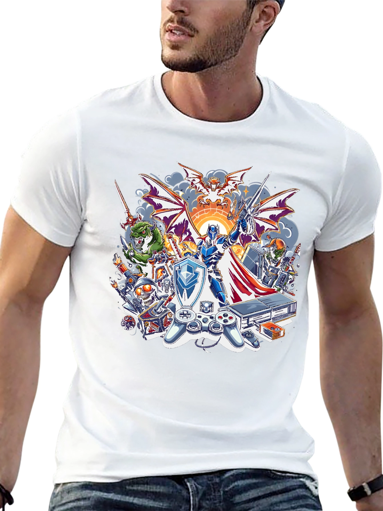 Retro Gaming T-Shirt - Knight & Console Design