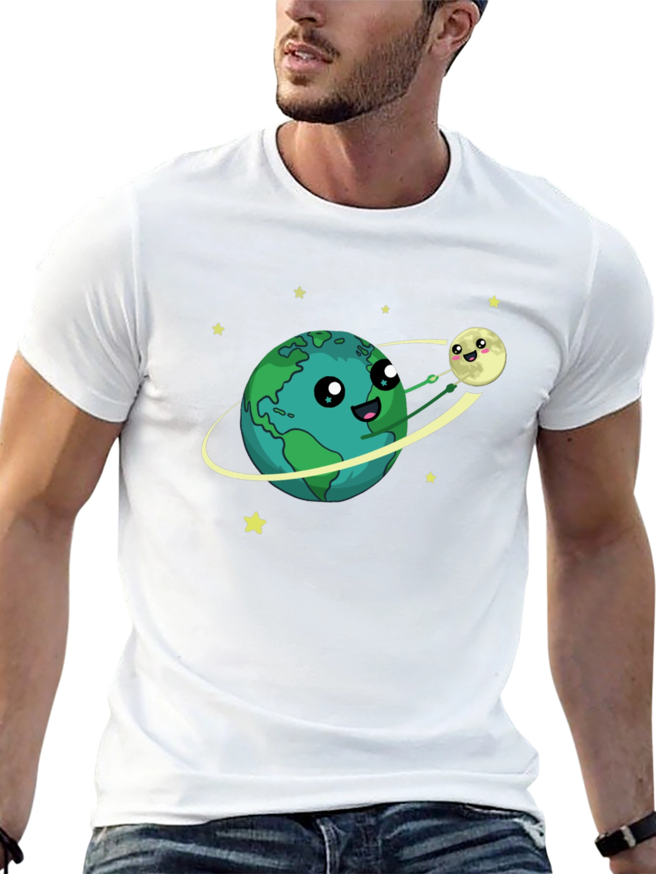 Earth & Moon Cartoon Graphic Black T-Shirt
