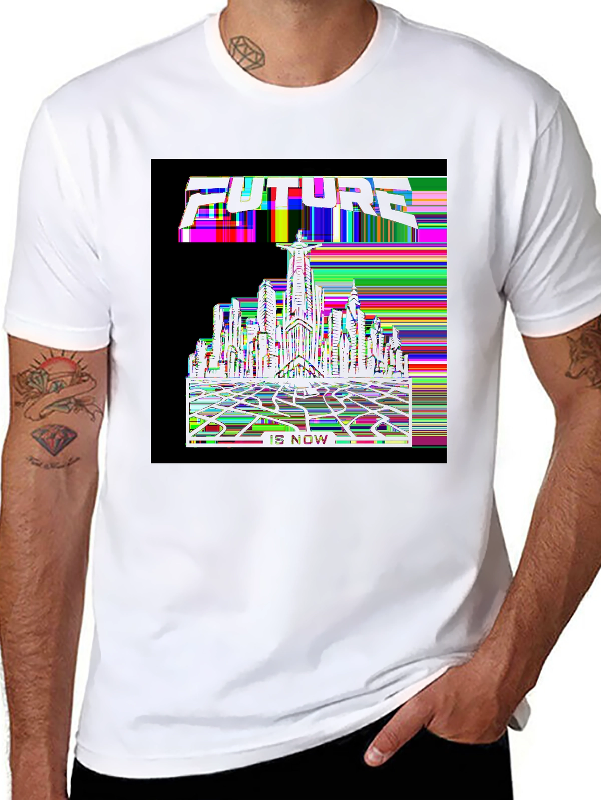 Future Tech Tee – Cyberpunk city skyline