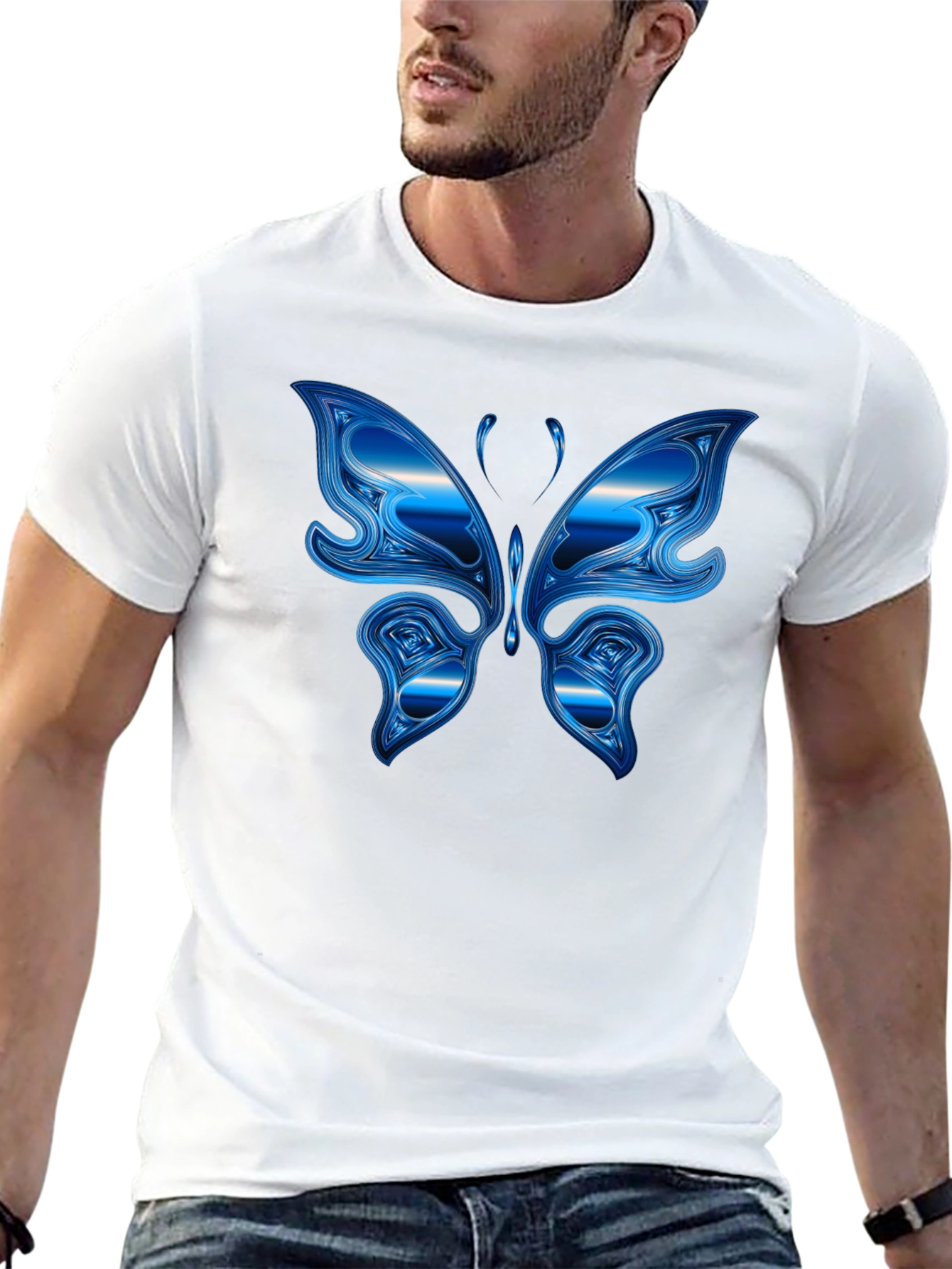 Blue Butterfly Graphic Black T-Shirt