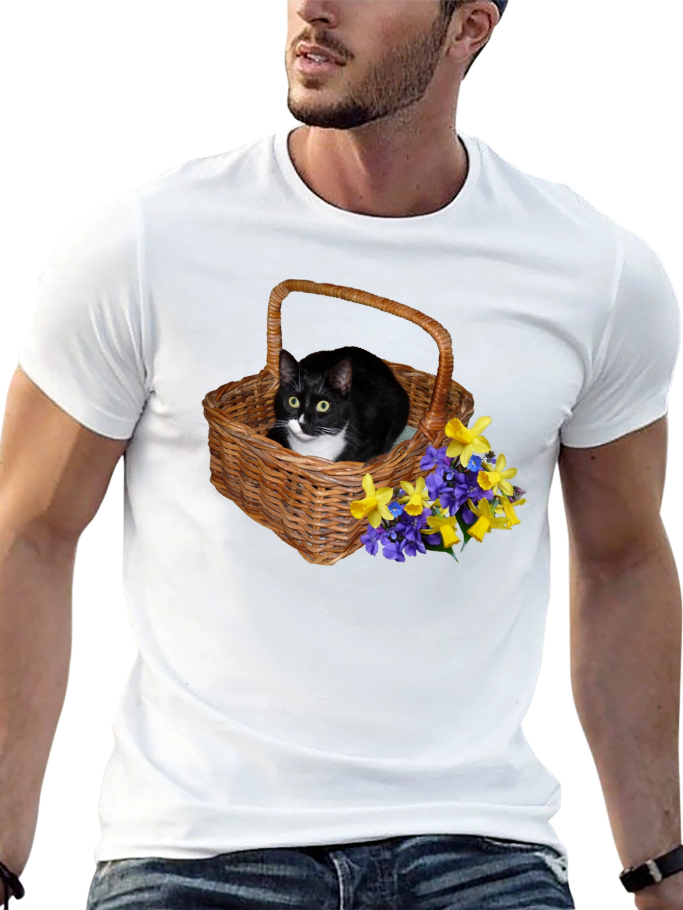Cat in Basket Flowers Graphic Tee