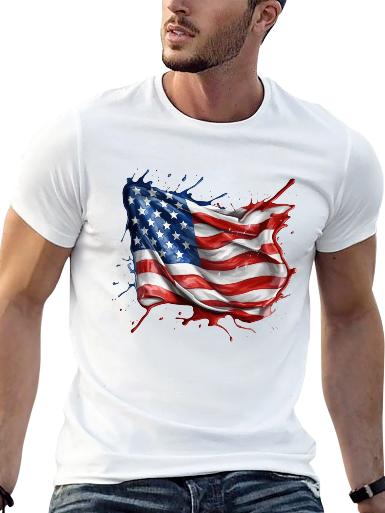 American Flag Splatter Print Black T-Shirt