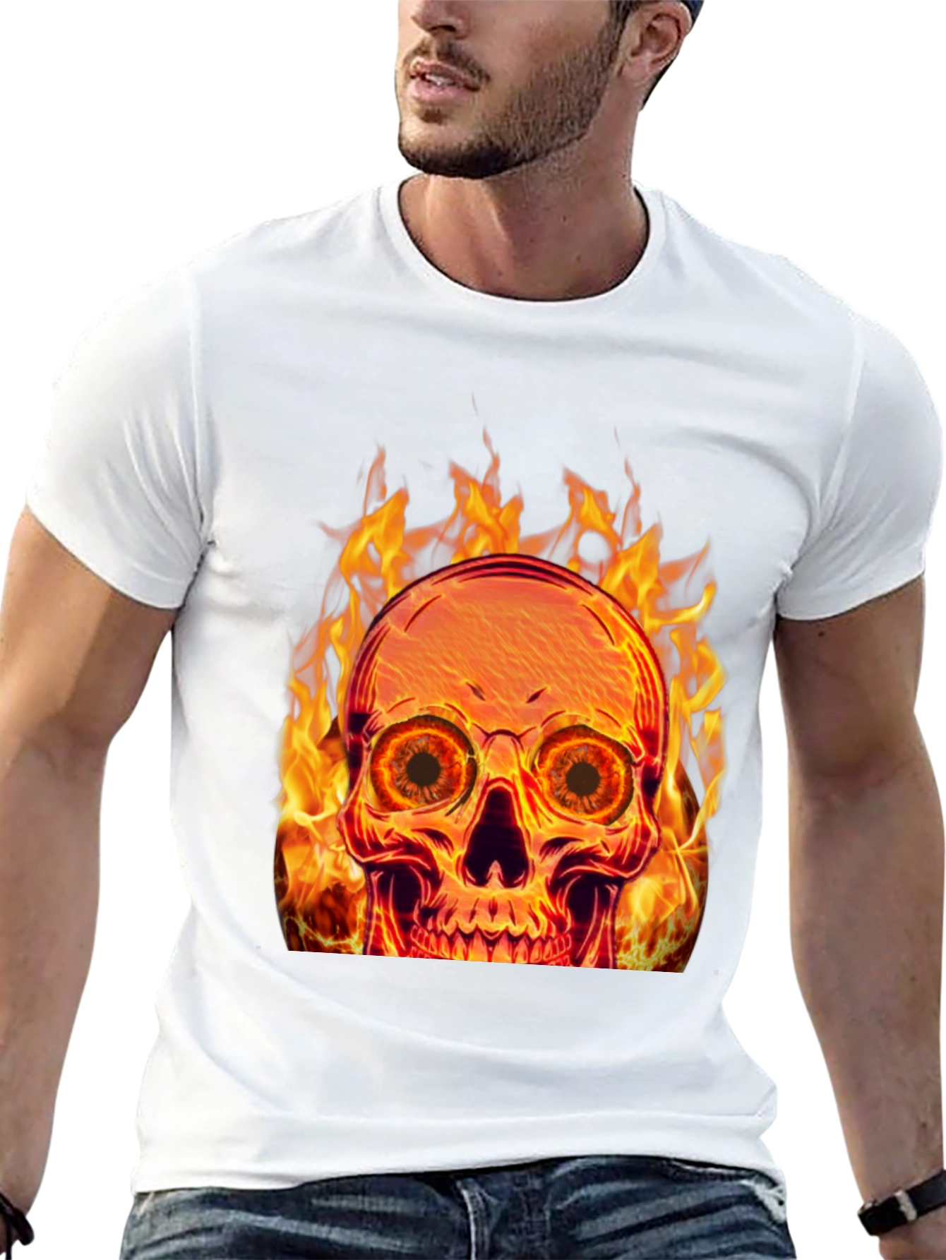 Flaming Skull Graphic Tee - Black Cotton Blend