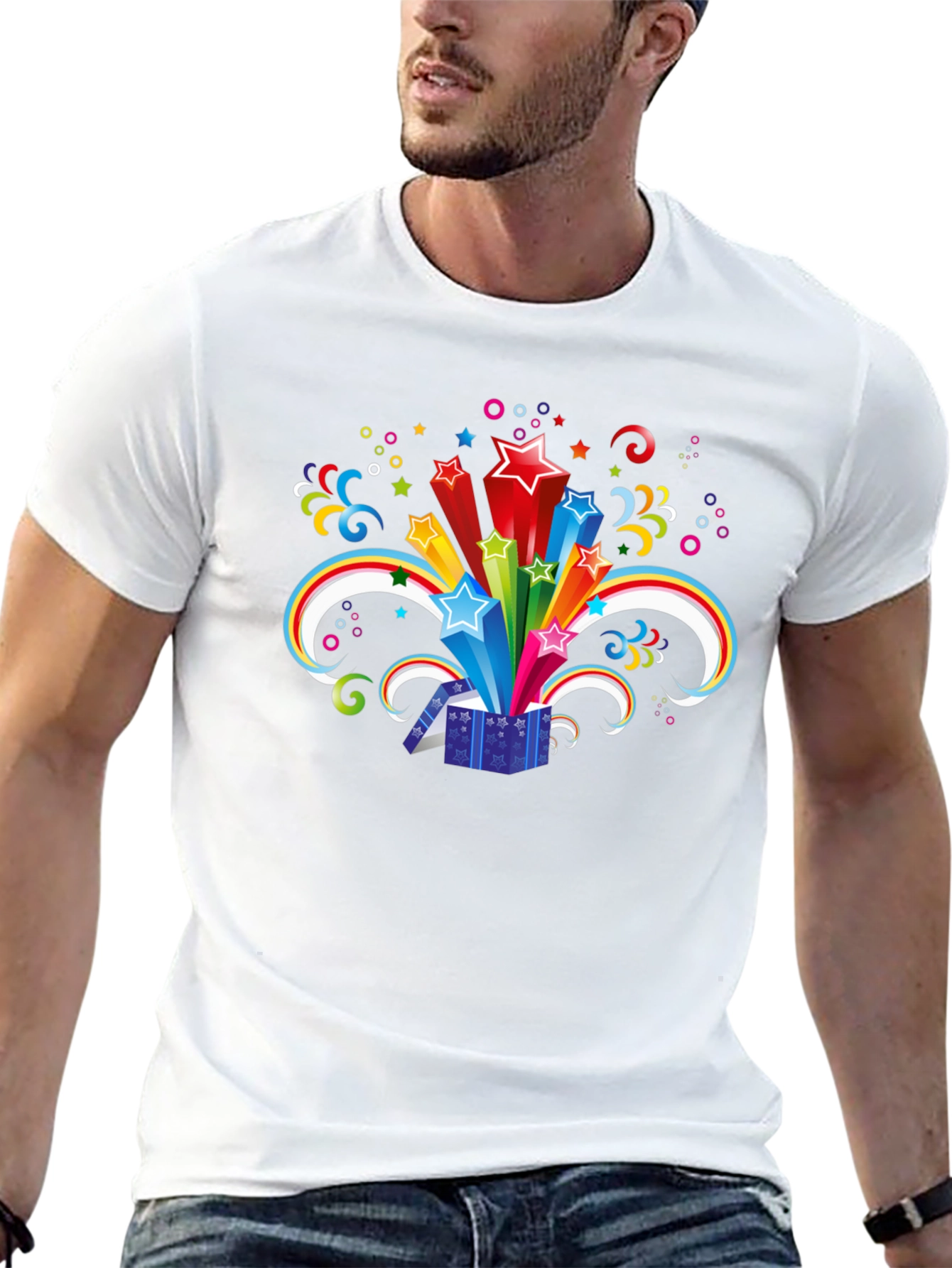 Black T-Shirt with Exploding Star Gift Box Design