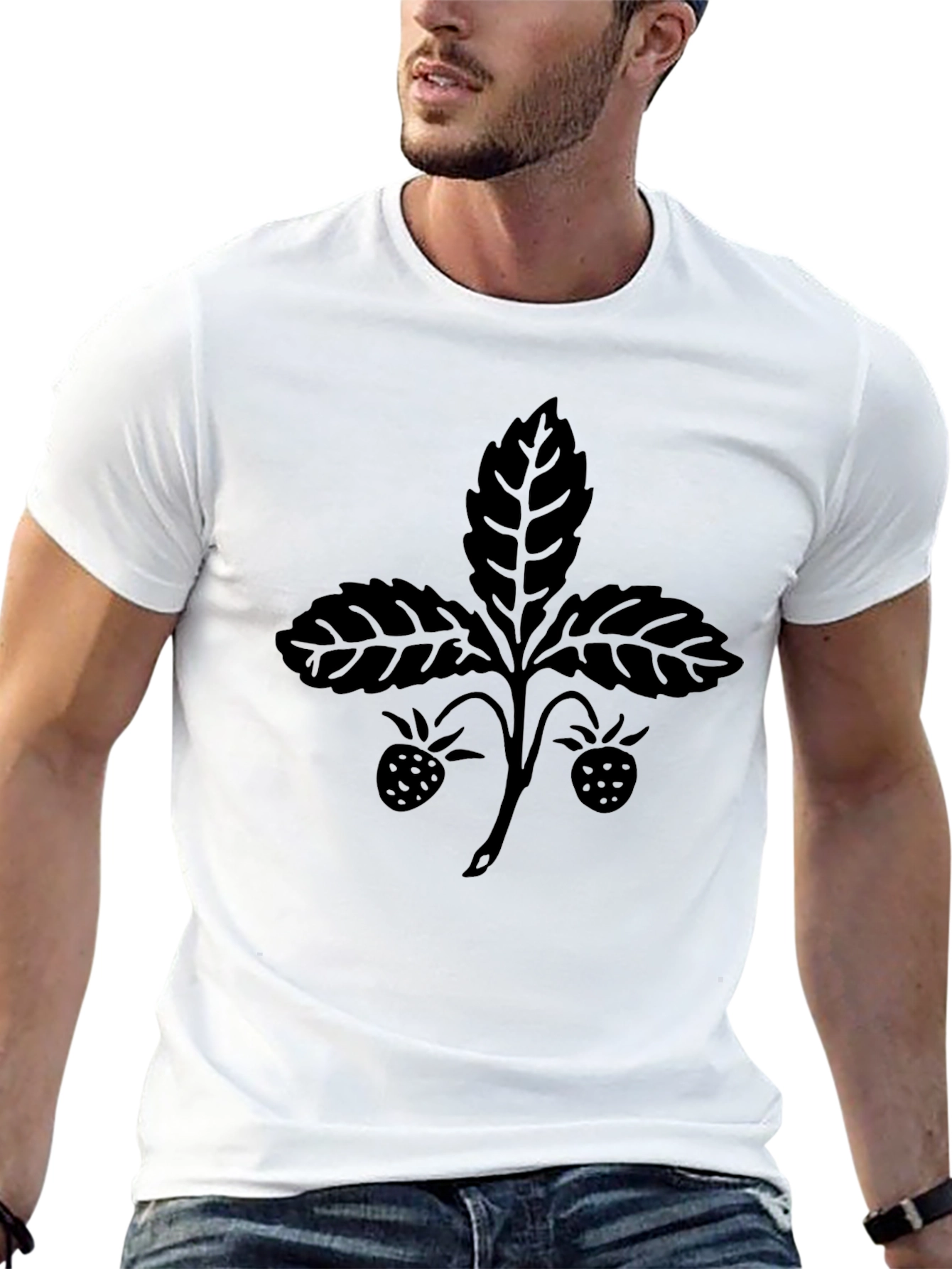 Stylish Black T-Shirt with Strawberry Plant Design