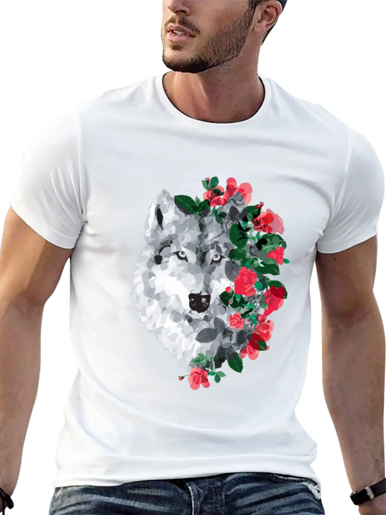 Wolf and Rose Graphic Print T-Shirt - Black