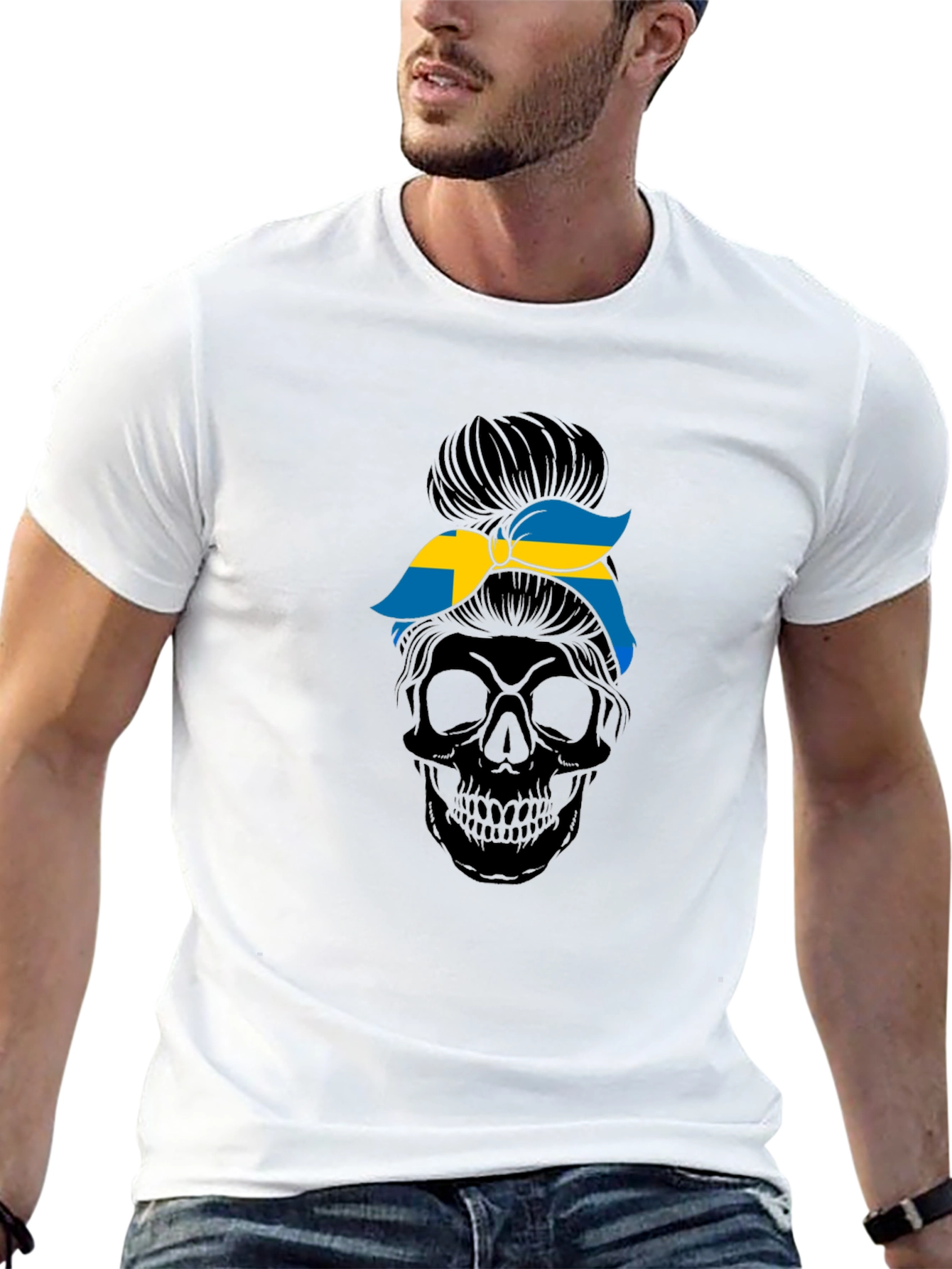 Sweden Flag Skull Messy Bun T-Shirt