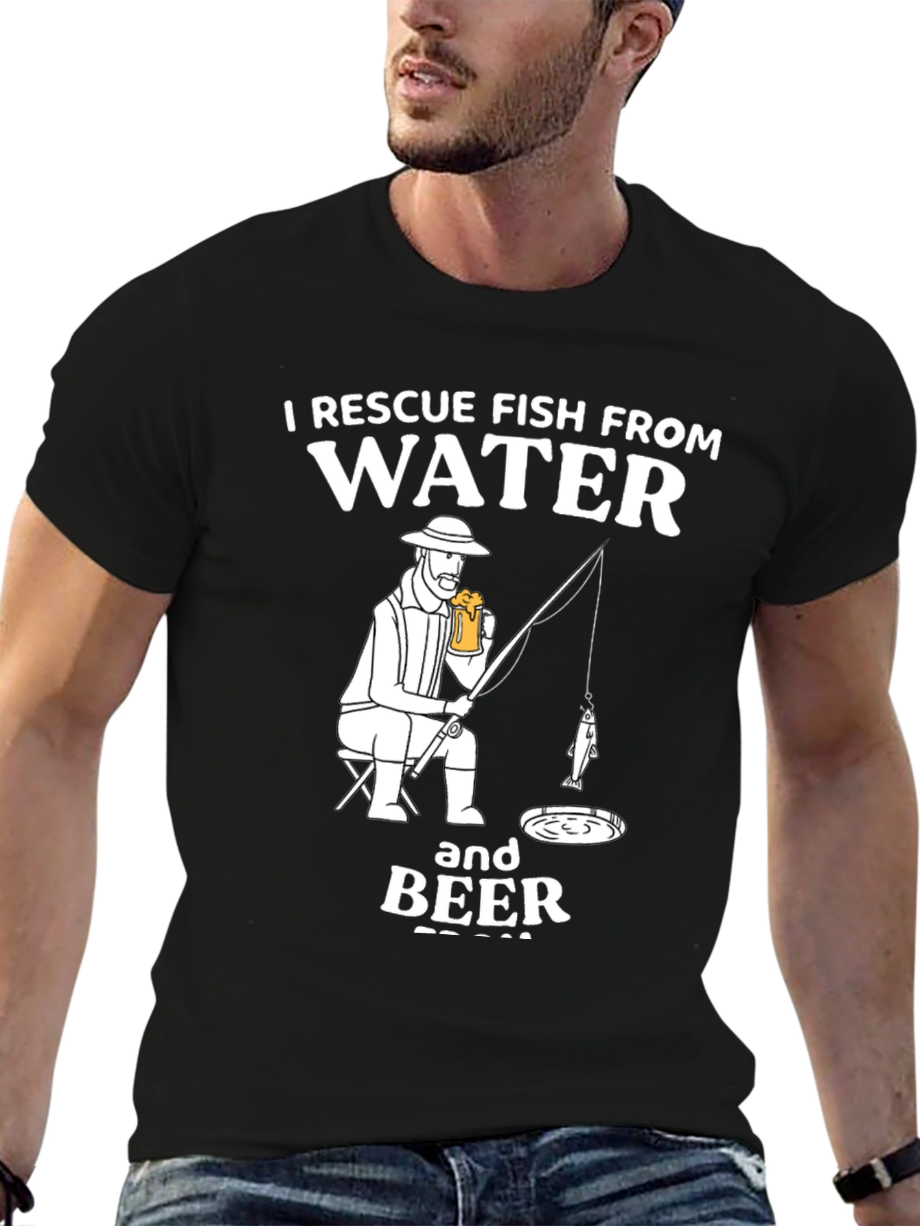 Rescue Fish T-Shirt: Funny Fisherman Drinking Beer