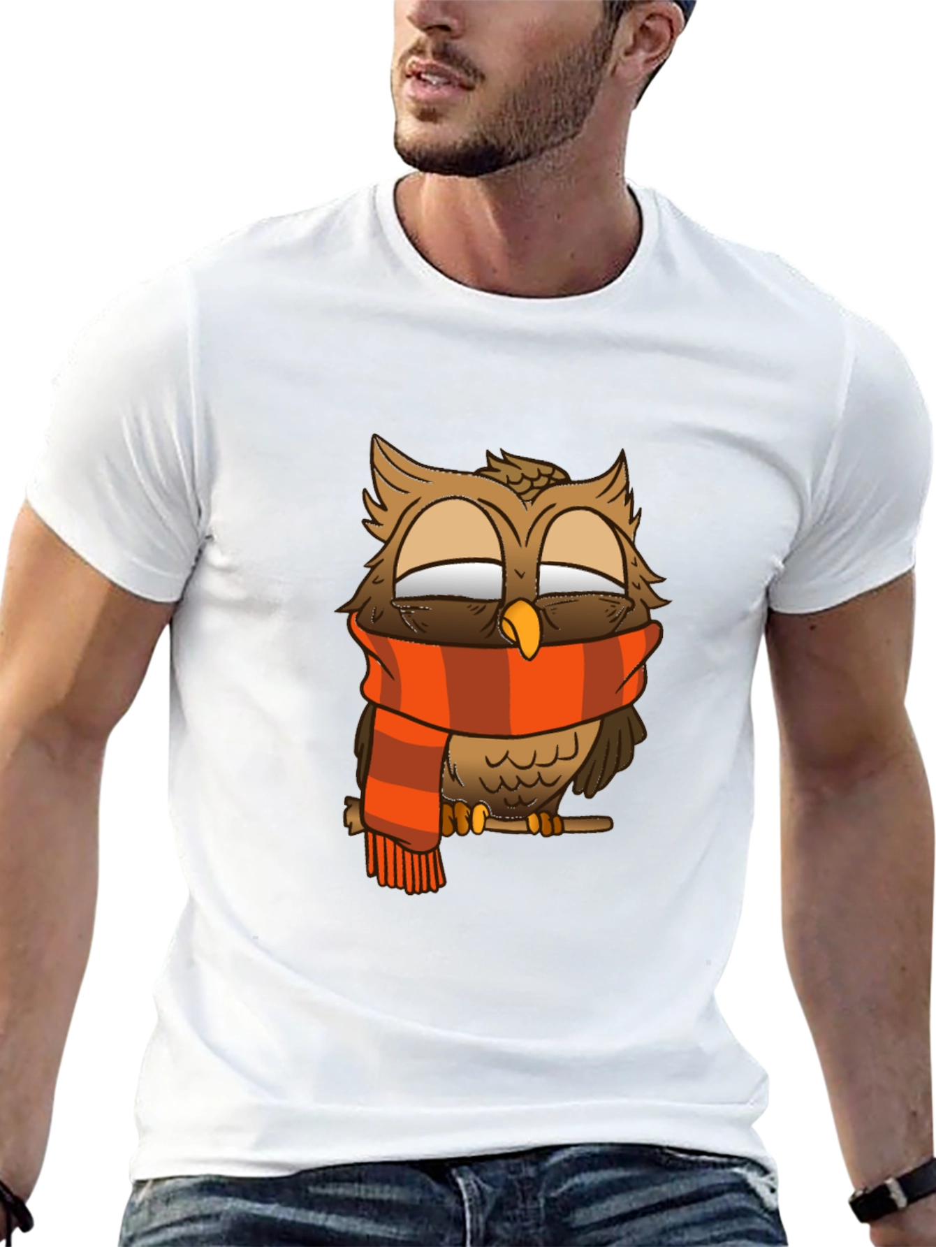 Owl Scarf Graphic Tee - Black Cotton T-Shirt