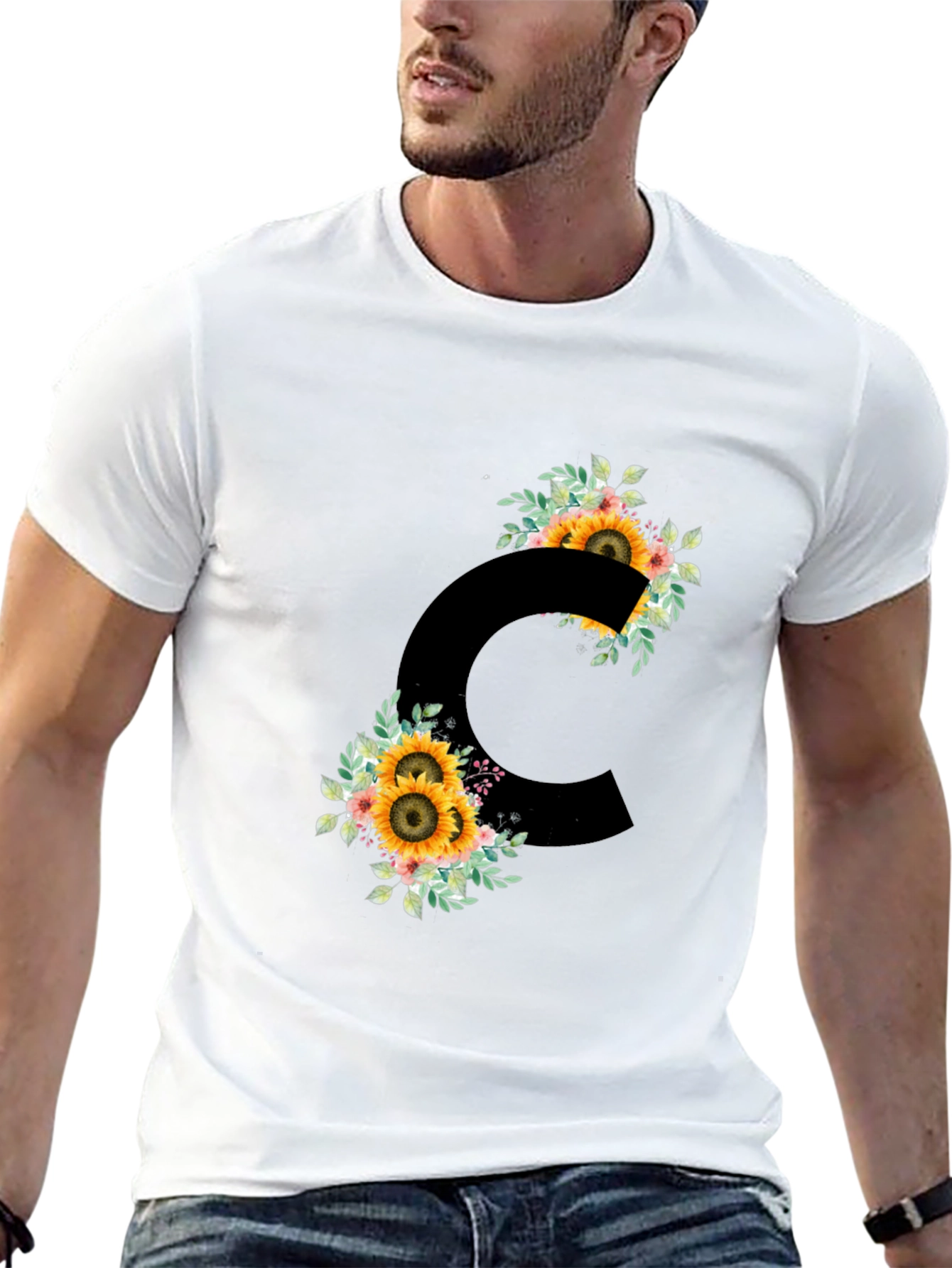 Floral Letter C Black T-Shirt