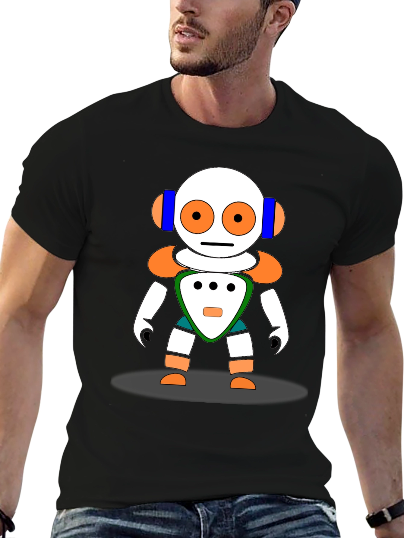 Fun Robot Graphic Tee - Black Cotton Blend