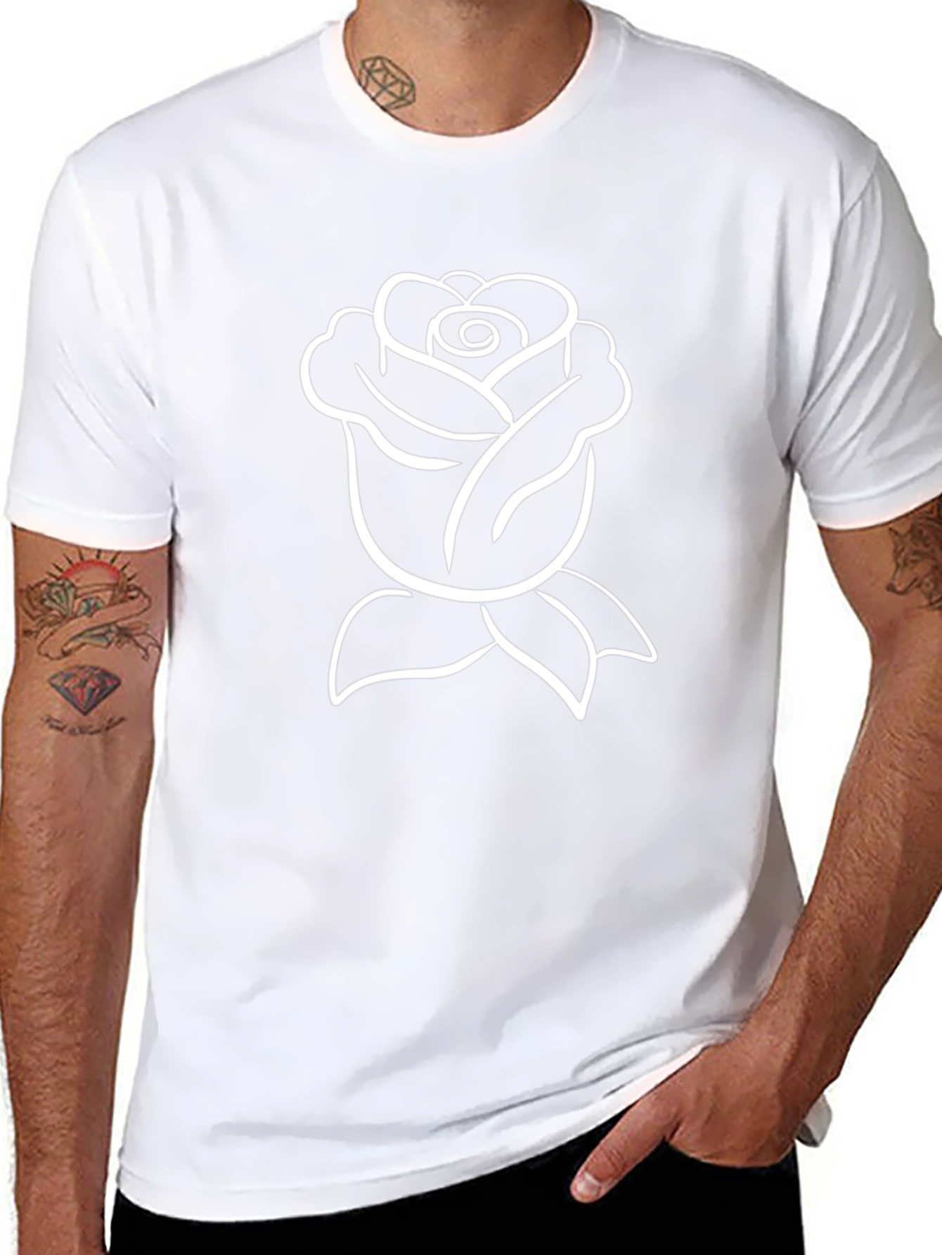 Black Tee with White Rose Graphic