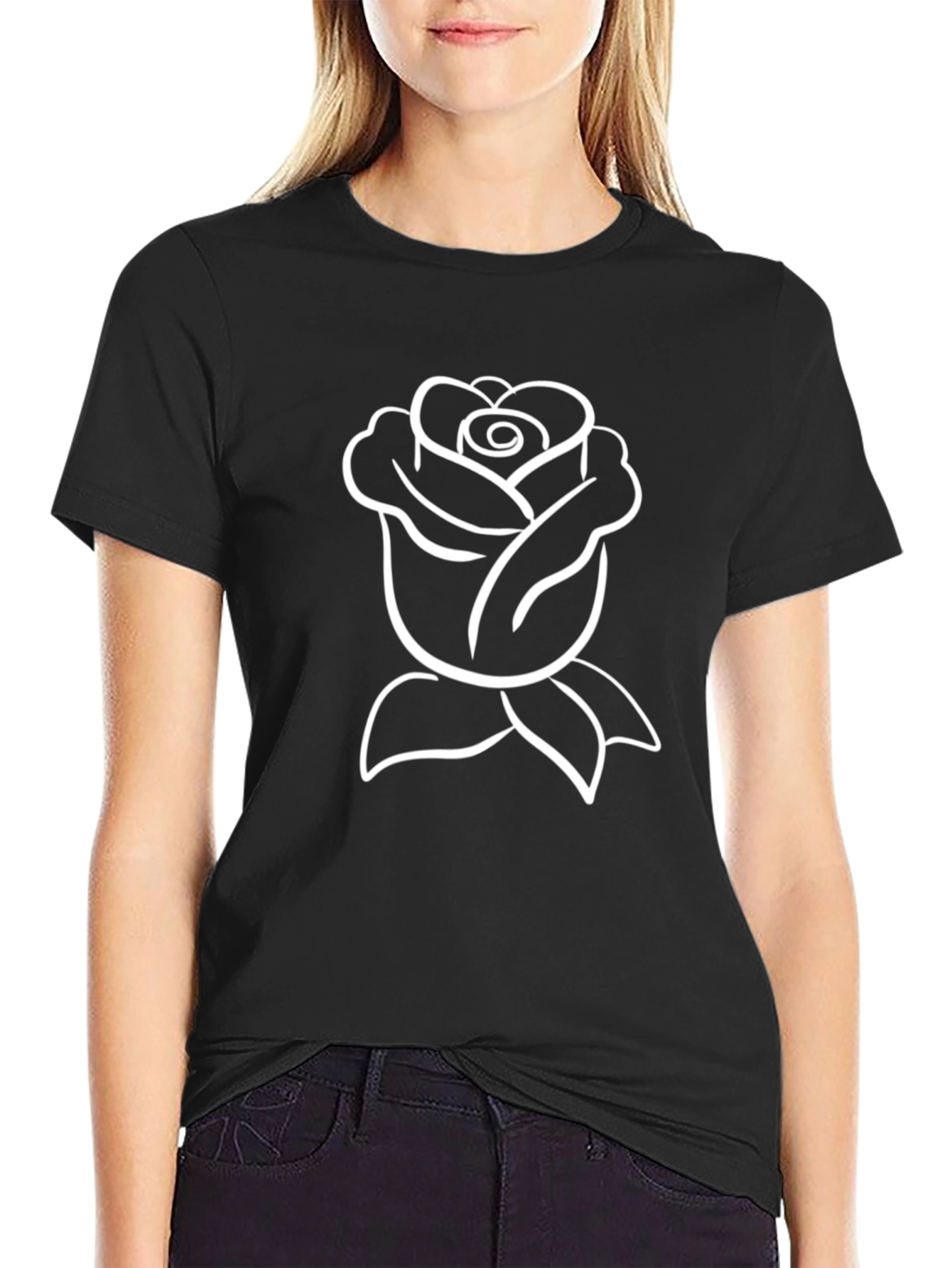 Black Tee with White Rose Graphic