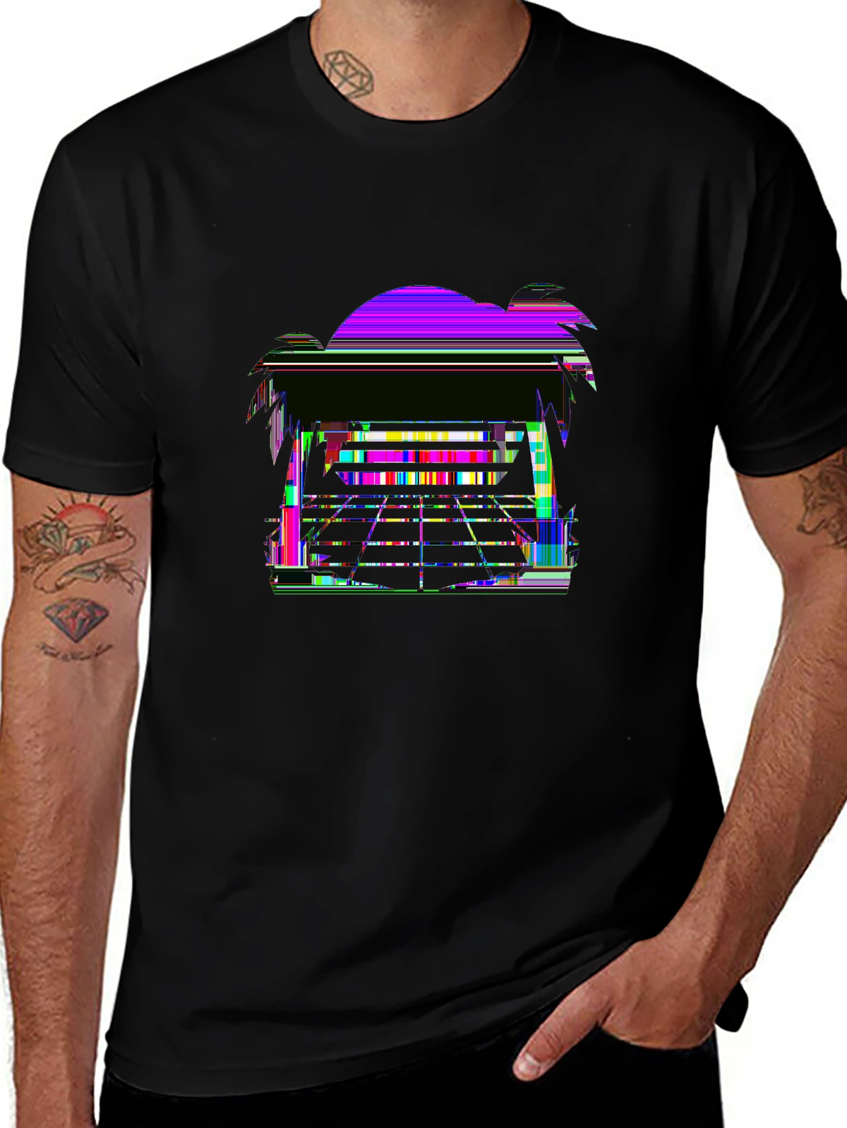 Retro 80s Sunset Glitch Art T-Shirt | Synthwave Neon Design
