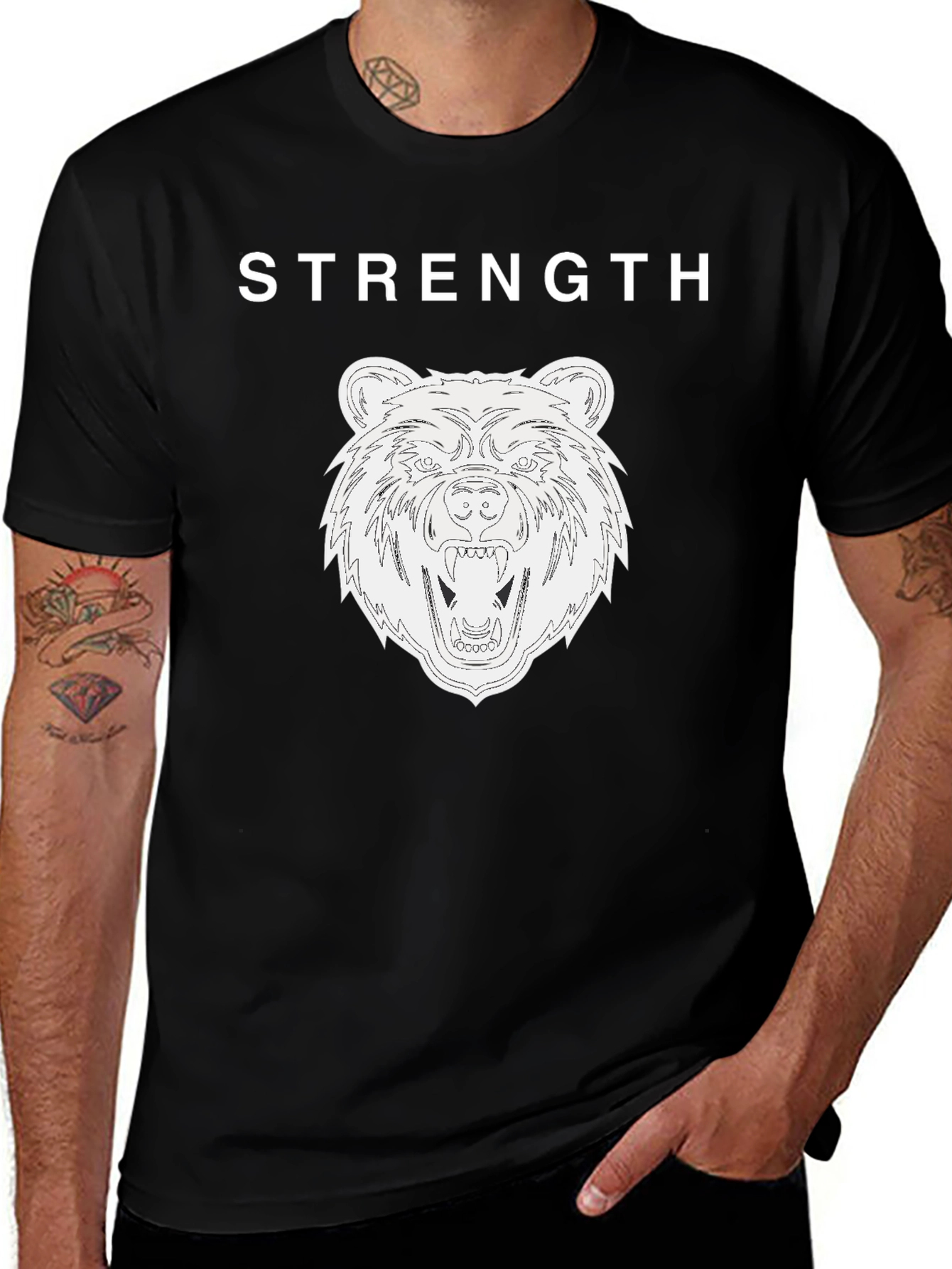 Strength Bear Graphic Tee - Black Cotton T-Shirt