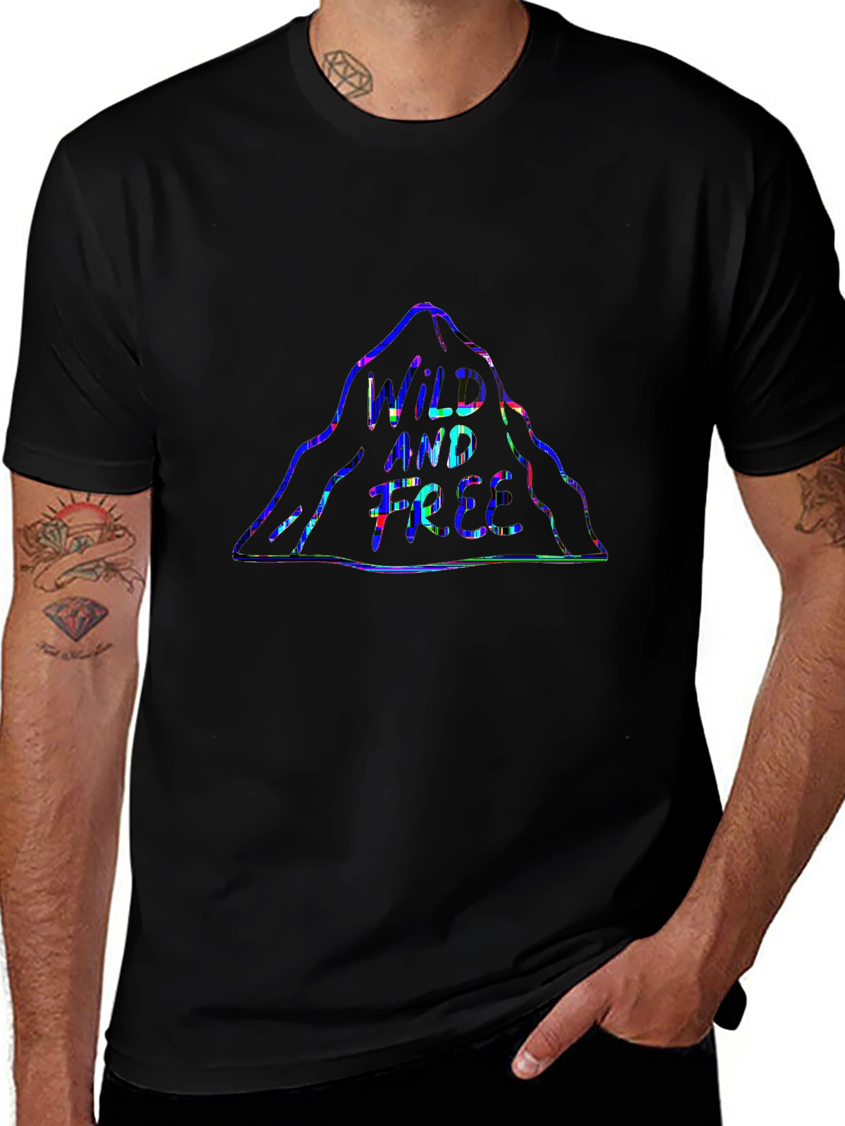 Wild and Free Neon Glitch Art Triangle T-Shirt | Adventure Style