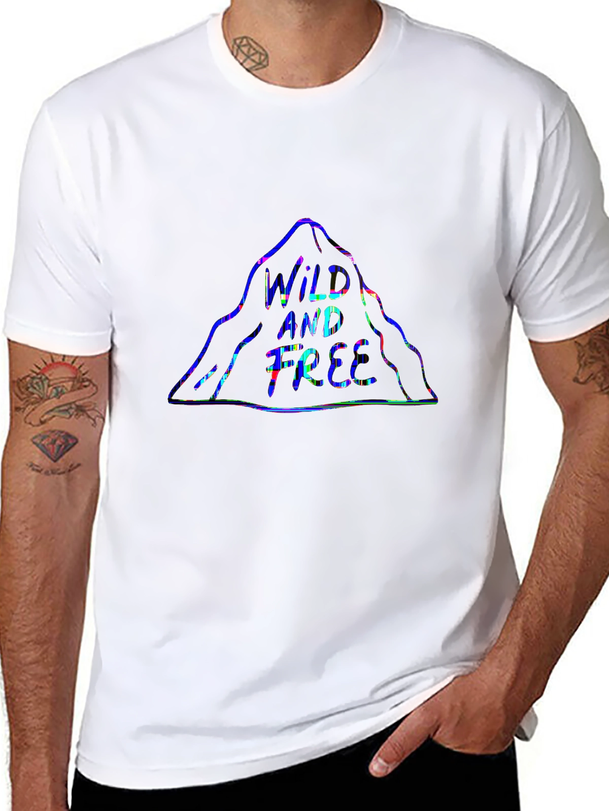 Wild and Free Neon Glitch Art Triangle T-Shirt | Adventure Style