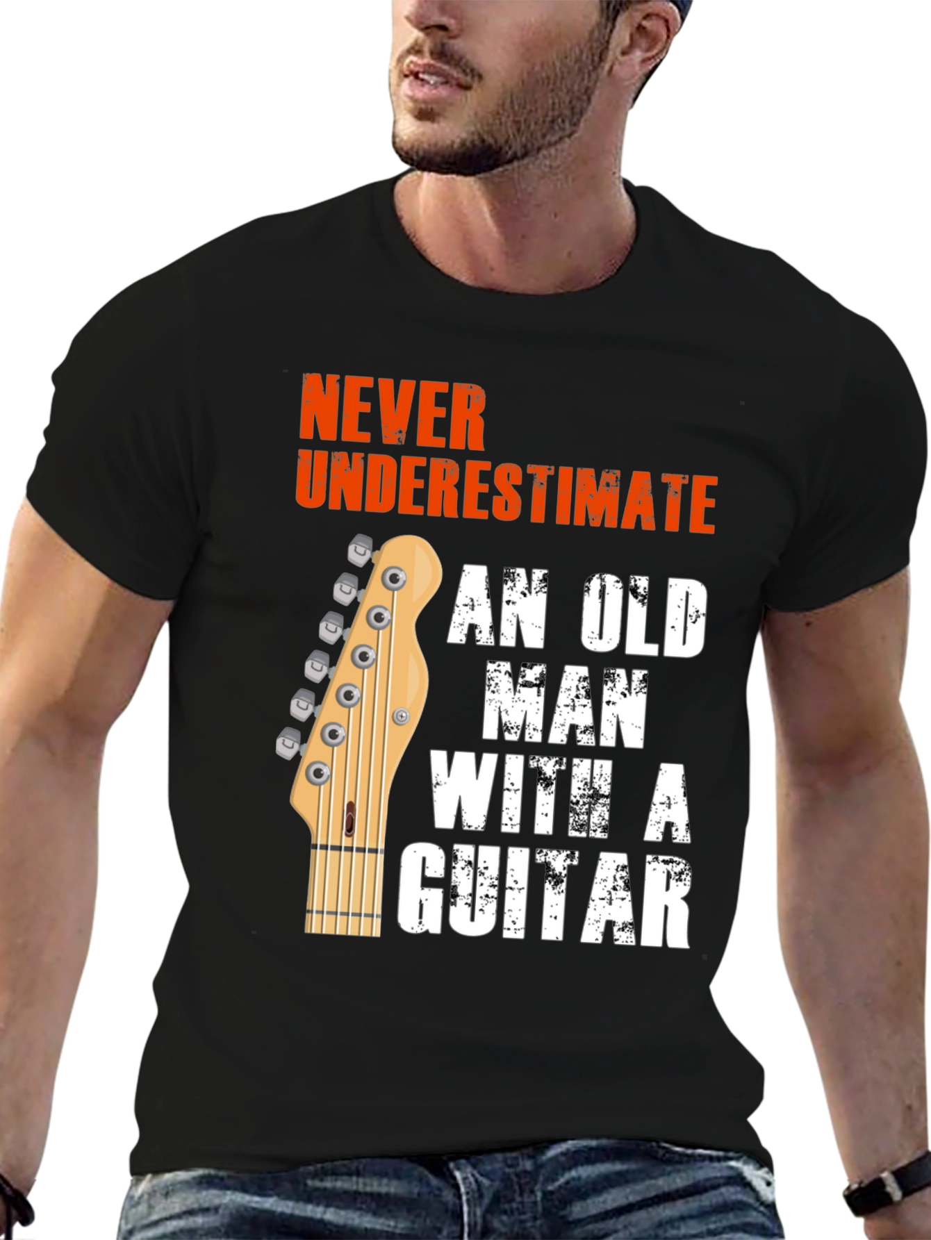 Never Underestimate Old Man Guitar Black Graphic T-Shirt