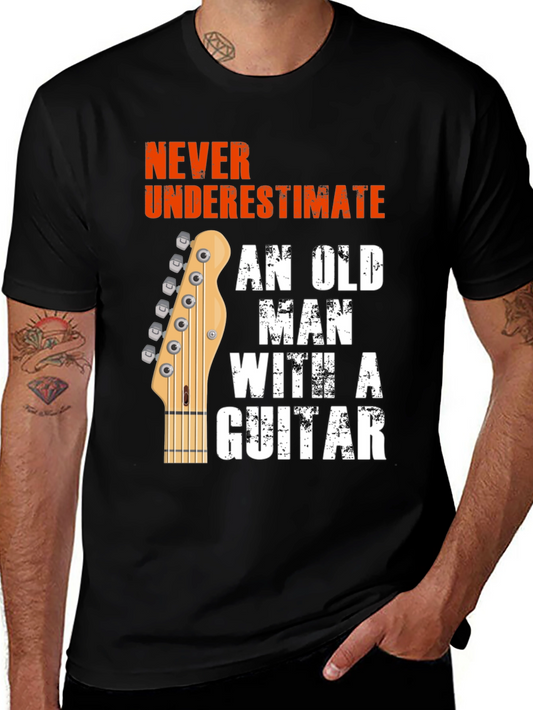 Never Underestimate Old Man Guitar Black Graphic T-Shirt