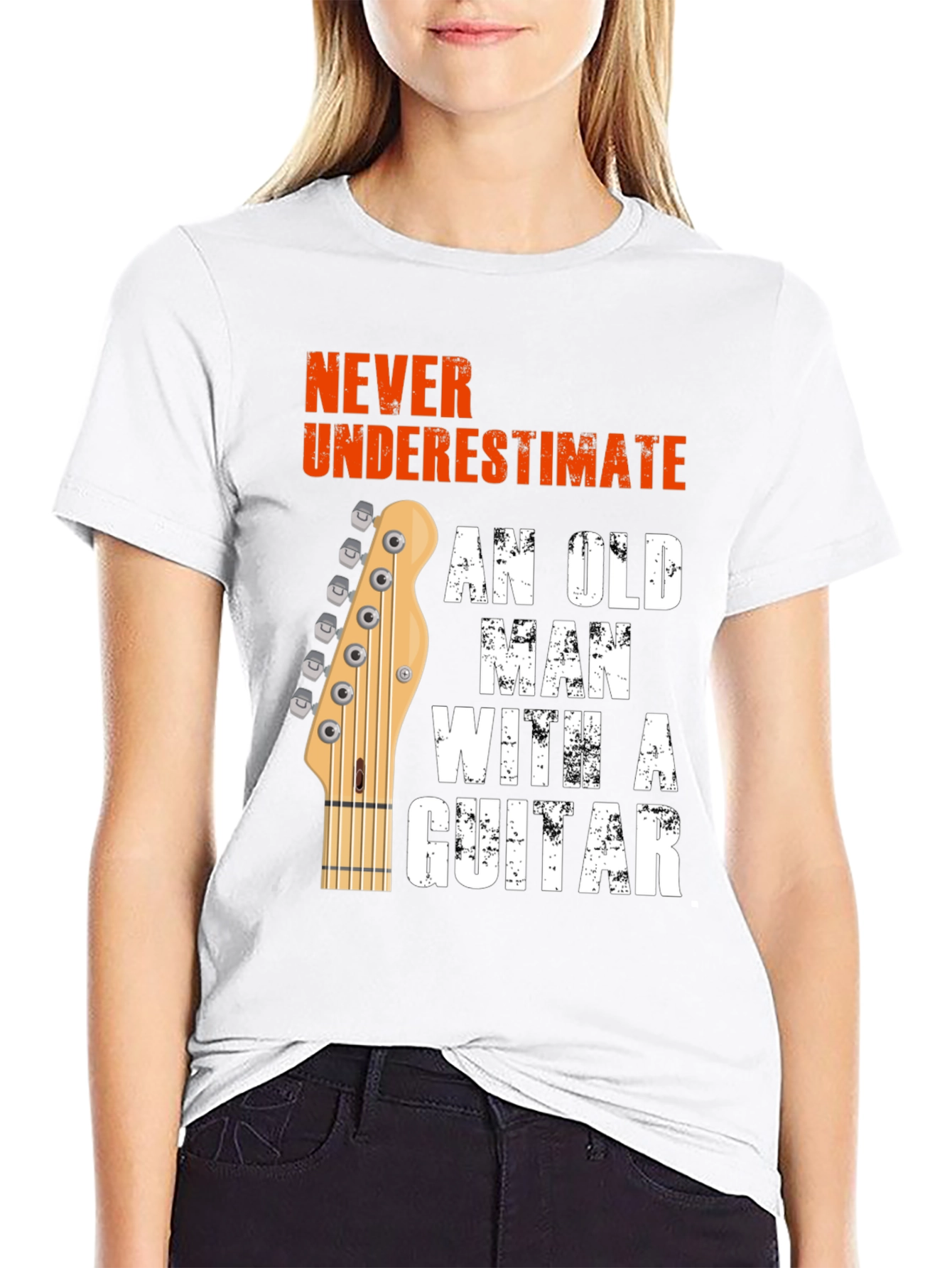 Never Underestimate Old Man Guitar Black Graphic T-Shirt