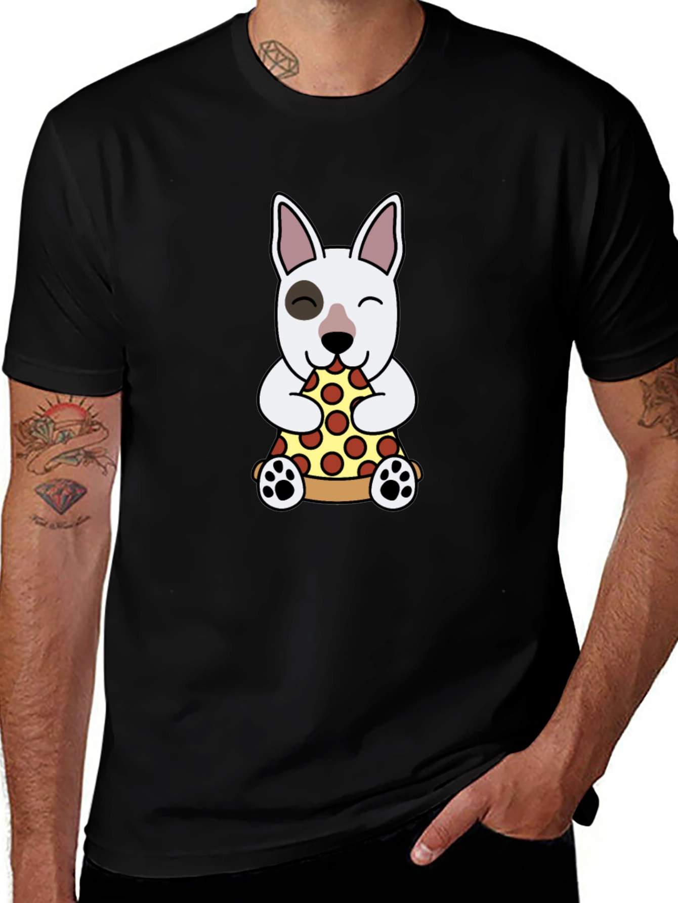 Dog Eating Pizza Graphic Tee - Black Cotton T-Shirt