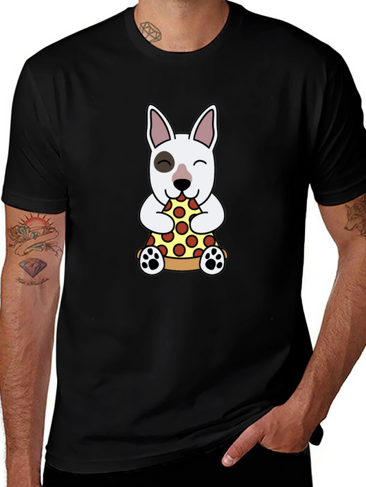 Dog Eating Pizza Graphic Tee - Black Cotton T-Shirt