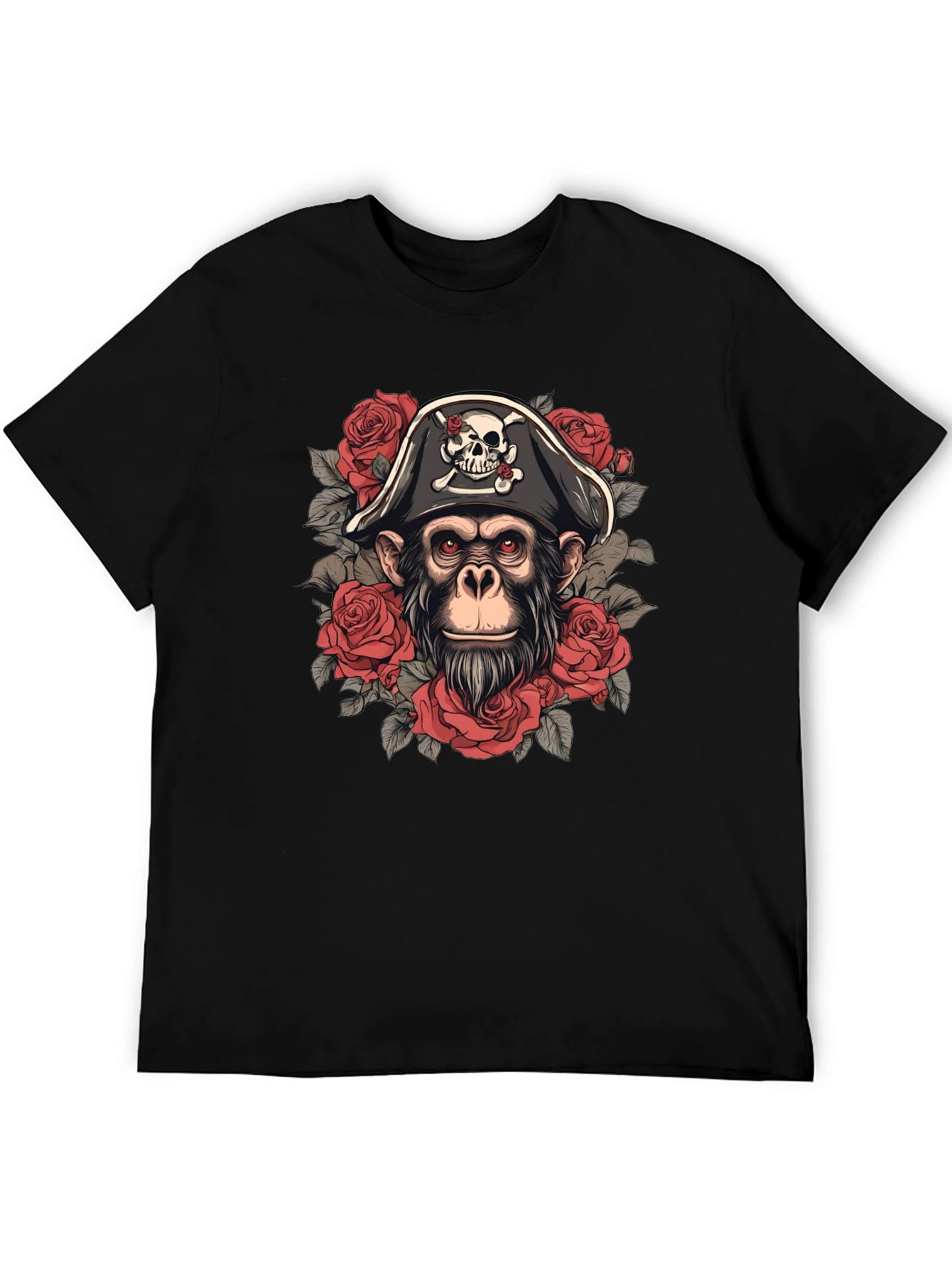 Pirate Monkey T-Shirt - Skull & Roses Graphic Tee