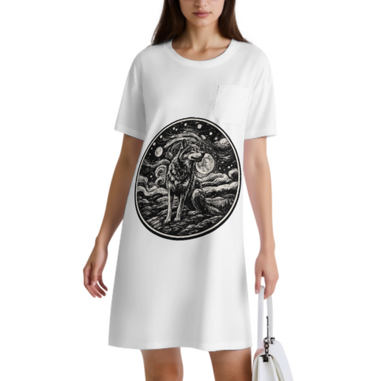 Mystic Moon Wolf Graphic T-Shirt Dress, Celestial Night Wolf Art Tee, Vintage Boho Oversized Shirt Dress, Cosmic Animal Illustration Casual Outfit(z513)