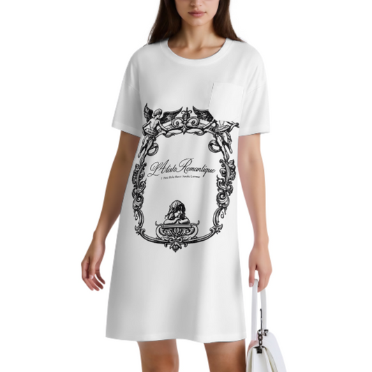 Vintage Angel Frame Graphic Tee Dress, Romantic Baroque Oversized Shirt Dress, Aesthetic Renaissance Inspired Casual Mini Dress, Soft Girl Streetwear Outfit(z519)