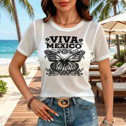 Viva Mexico Butterfly Graphic Tee, Retro Floral Streetwear Shirt, Oversized Cultural Fashion T-Shirt, Monochrome Casual Graphic Top, Vintage Inspired Urban Tee(z545)